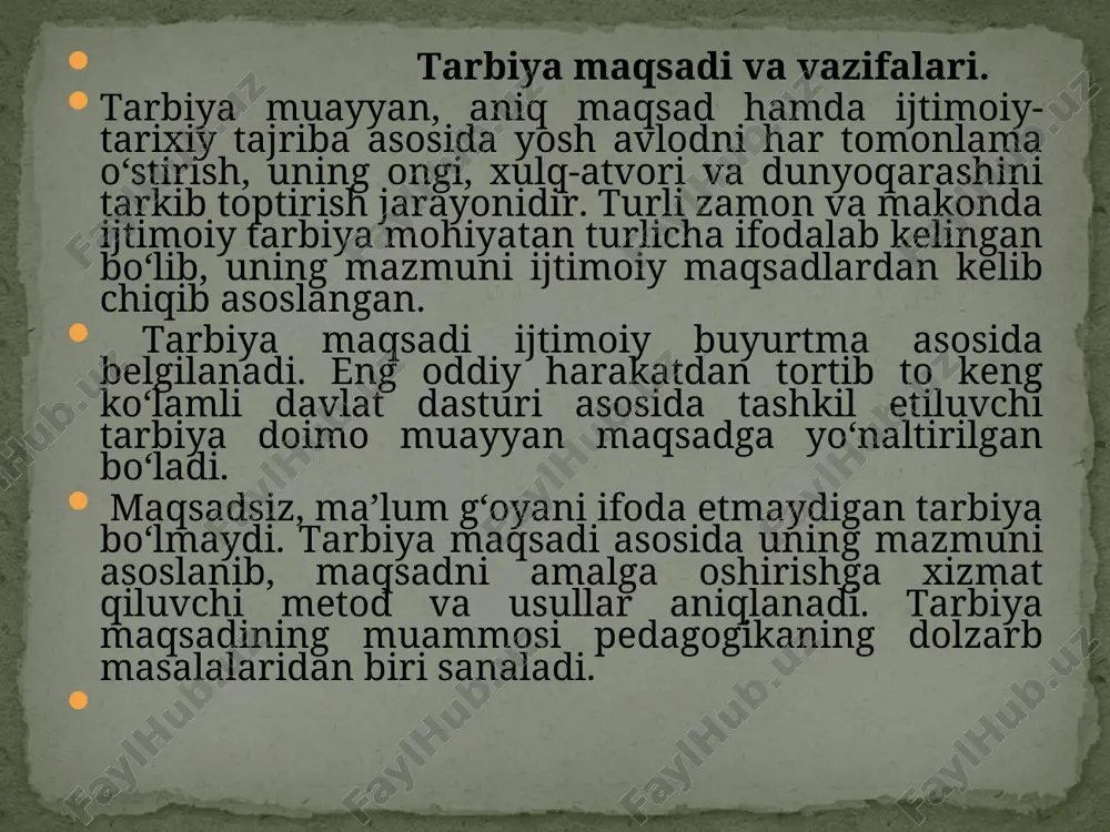 m o‘rganinglar. ... ilm egallang. ilm sahroda do‘st, hayot yo‘llarida tayanch, yolg‘iz damlarda yo‘ldosh bahtsiz daqiqalarda rahbar, qayg‘uli onlarda madadkor, odamlar orasida zebu-ziynat, dushmanlarga qarshi kurashishda quroldir» deydi. hozirgi zamon maktablarida tashkil etilayotgan estetik tarbiya shaxsni estetik jihatdan shakllanishini ta’minlash borasidagi mavjud talablarga javob bermayapti. ijtiomiy tarbiya maqsadi va vazifalarini amalga oshirish uchun tarbiya jarayonining xususiyatlarini anglab olish muhim ahamiyatga ega. tarbiya jarayonining mohiyati. tarbiya jarayoni o‘ziga hos xususiyatlarga ega. uning muhim xususiyati aniq maqsadga yo‘naltirilganligidir. zamonaviy talqinda tarbiya jarayoni o‘qituvchi va o‘quvchi (tarbiyachi va tarbiyalanuvchi)lar o‘rtasida tashkil etiluvchi hamda aniq maqsadga yo‘naltirilgan samarali hamkorlik jarayoni demakdir. zero, tarbiya jarayonida o‘qituvchi va o‘quvchilarning faoliyalari tashkil etiladi, boshqariladi va nazorat qilinadi. tarbiya jarayoni ko‘p qirrali jarayon bo‘lib, ular tarbiya mohiyatini yoritishga xizmat qiluvchi ichki va tashqi (sub’ektiv va ob’ektiv) omillar asosida tashkil etiladi. sub’ektiv omillar shaxsning ichki ehtiyojlari, qiziqishlari, hayotiy munosabatlarini anglatish, ob’ektiv omillar esa shaxsning hayot kechirishi, shakllanishi, hayotiy muammolarini …