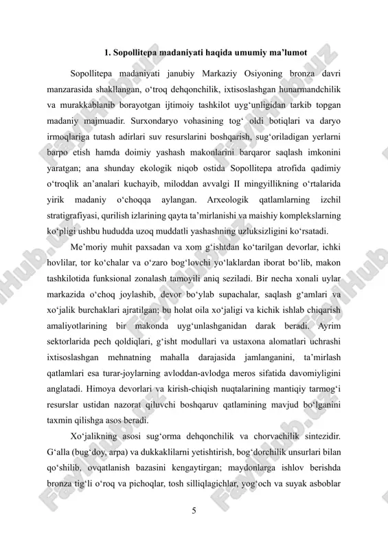 g diffuziyasini ko‘rsatadi. shu bilan birga, mahalliy an’ana va tashqi ta’sirlar sintezi sopollitepaning o‘ziga xos uslubini vujudga keltirib, bronza davri oazis madaniyatlari o‘rtasida vositachi rolini mustahkamladi. natijada, sopollitepa madaniyati o‘troq-sug‘orma xo‘jalik, paxsakor me’morchilik va rejalashtirilgan makon tashkiloti, yuqori darajadagi kulolchilik va metallsozlik, uy-o‘choq markazli marosimiy amaliyotlar hamda ijtimoiy tabaqalanishning ko‘payib borayotgan belgilari bilan tavsiflanadi. bu kompleks belgilar nafaqat mahalliy jamiyatning kundalik hayoti va iqtisodiy dinamikasini yoritadi, balki janubiy markaziy osiyoning bronza davri sivilizatsion jarayonlarini tushunishda tayanch model sifatida xizmat qiladi: ishlab chiqarishning ixtisoslashuvi, resurslar ustidan nazoratning kuchayishi, ideologik ramzlarning standartlashuvi va mintaqaviy almashinuv tarmoqlariga faol qo‘shilish kabi omillar orqali sopollitepa keyingi davrlardagi shaharsozlik va madaniy taraqqiyotning poydevorini yaratgan. 2. sopollitepa yodgorligining madaniy xususiyatlari sopollitepa yodgorligi janubiy markaziy osiyoning bronza davri makoniy-madaniy tizimini chuqur aks ettiruvchi manzilgoh bo‘lib, surxondaryo vohasining tog‘ oldi hududida, sug‘orishga qulay tabiiy-geografik muhitda shakllangan. stratigrafik qatlamlarning izchil ketma-ketligi, qurilish materiallari va rejalashtirish yechimlari manzilgohning miloddan avvalgi ii …