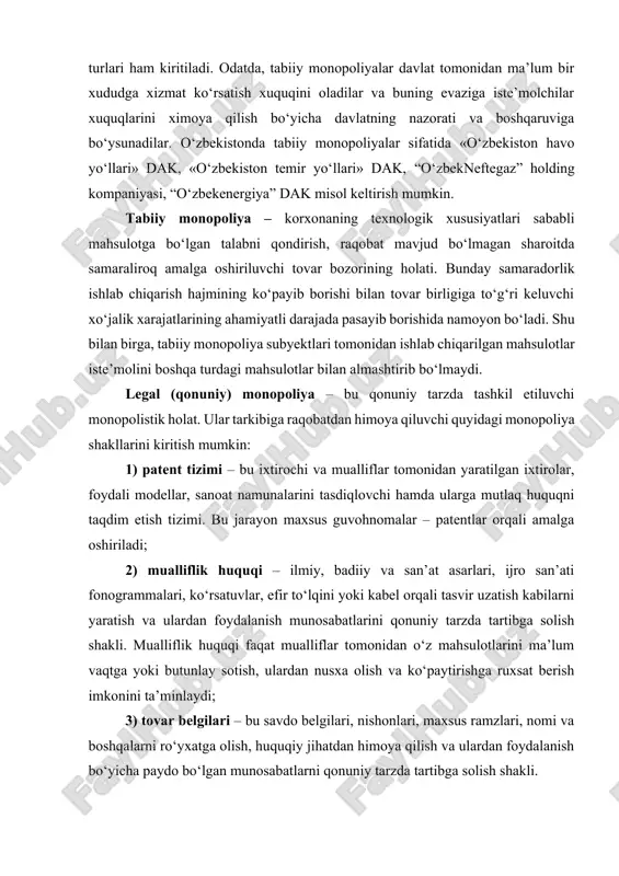 . sun’iy monopoliya o‘z manfaatlari yo‘lida bozor muhiti tuzilishini ataylab o‘zgartiradi, ya’ni: - bozorga yangi raqiblarning kirib kelishiga yo‘l qo‘ymaslik uchun turli to‘siqlar hosil qiladi (xomashyo va energiya manbalarini egallab oladi; banklarning yangi korxonalarga kredit berishini taqiqlashga harakat qiladi va boshqalar); - ishlab chiqarishning eng yuksak darajadagi texnologiyasiga erishib, qolgan raqiblarining bu darajaga chiqishiga imkon bermaydi; - ishlab chiqarish miqyosi samarasidan unumliroq foydalanish imkonini beruvchi nisbatan yirik hajmdagi kapitalni qo‘llaydi; - o‘z faoliyatini yuqori darajada reklama qilish orqali boshqa raqobatchilarni bozordan siqib chiqarishga harakat qiladi. sun’iy monopoliyalar kartel, sindikat, trest, konsorsium, konsern kabi aniq shakllarda namoyon bo‘ladi. monopoliyaning salbiy tomoni sifatida quyidagi jixatlarni ko‘rsatish mumkin: 3) resurslarning oqilona taqsimlanmasligi. bu holat monopoliyalarning yuqori foyda ketidan quvib, sun’iy ravishda ishlab chiqarishni cheklash vositasida narxlarni ko‘tarishi, mahsulotlarning u qadar yaxshi bo‘lmagan turlarini, past texnikaviy darajasini, past sifati hamda sotishning yomon sharoitlarini vujudga keltirishi orqali namoyon bo‘ladi. natijada, raqobat sharoitida amal qiluvchi iqtisodiyot …