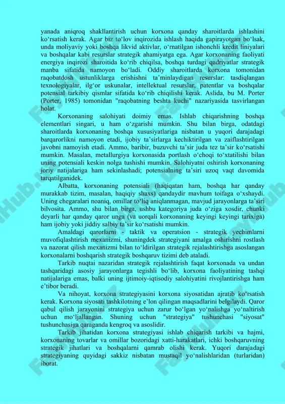 r о‘zgartiriladi: "missiya - maqsadlar - strategiya - maqsadlar". bu erda strategiya birinchi navbatda maqsadlarga erishishning bir usuli sifatida qaraladi. ammo ushbu yondashuv bilan maqsadlar aniqlikni yо‘qotadi va ularning missiya bilan aloqasi deyarli yо‘qoladi yoki о‘zboshimchalik bilan tanlov natijasidir. о‘z navbatida strategiya korxonani tо‘liq tavsiflash uchun "maqsadlar" va "vazifalar" о‘rtasidagi о‘rin tor bо‘lib kо‘rinadi. shuning uchun, birinchi iyerarxiya mantiqiy kо‘rinadi. strategiya tushunchasini aniqlashning ikkinchi yondoshuvi individual strategik qarorlar asosida strategiyani sintez qilishga asoslangan. bu strategiya korxona faoliyatining asosiy yо‘nalishlarini tavsiflash uchun etarli bо‘lgan о‘zaro bog‘liq strategik qarorlar tо‘plami sifatida belgilanadi. bu erda strategiya va missiya о‘rtasidagi munosabatlarga alohida e’tibor qaratilmaydi, ammo asosiy e’tibor strategik qarorlar tizimining tо‘liqligi va izchilligiga qaratiladi. va nihoyat, uchinchi yondashuv turli xil kombinatsiyalangan variantlar bilan taqdim etiladi. oxir-oqibat, har qanday yondashuv etarli mustahkamlik bilan amalga oshirilsa, strategiyaning mazmuni bir xil bо‘lishi kerak. birinchi yondashuvning afzalliklari strategiyaning maqsadli kosmik tizimga "о‘rnatilgan" priori, ikkinchisining afzalliklari - strategiya va …