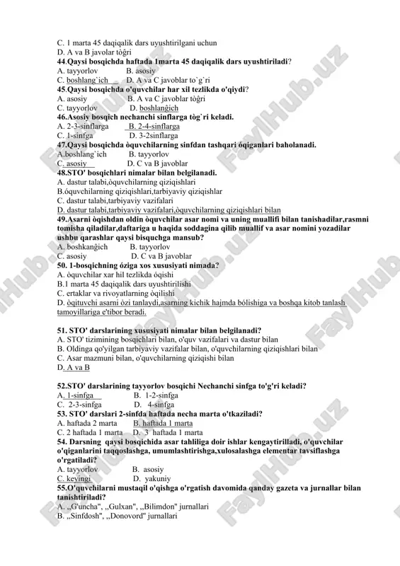 tablarda nechanchi yildan boshlab maxsus stoʻ darslari tashkil etilgan ? a.1959 b.1960 c.1958. d.196 32. sinfdan tashqari oʻqish mashgʻulotlari uchun haftagi oxirgi oʻqish darsining necha daqiqasi ajratiladi ? a.15. b.25 c.20. d.10 33. stoʻ darslarining muhim vazifalaridan biri... a.kitobxonlik madaniyatini tarbiyalash b.mustaqil oʻqish malakalarini tarbiyalash c. kitob ustida ishlash malakasini tarbiyalash d.a va b javoblar 34. hozirgi kunda boshlangʻich sinflar uchun sinfdan tashqari oʻqishga moʻljallangan qanday qoʻllanmalar chop etilgan? a."kitobim-oftobim" b."odobim - oftobim" c."kitobim - chirogʻim" d."bilimdon bolajon" 35. bolalarda stoʻ darslarining tub mohiyatini tashkil etadigan qatorni belgilang a.ezgulikka muhabbat b.yozuvlikka nafrat uygʻotish c.adabiy -estetik tafakkurini yuksaltirish d.barcha javoblar toʻgʻri 36. qanday asarlar mustaqil ravishda va izchil oʻqib borilsa oʻquvchining dunyoqarashini kengaytirishga xizmat qiladi ? a. gazeta va jurnallar b. badiiy va ilmiy ommabop d. sheʼriy toʻplamlar c. bolalar adabiyoti durdonalari 37. savod oʻrgatish jarayonida haftadagi oxirgi alifbe darsining necha daqiqasi ajratiladi? a.15-20 b.20-21 c.17-20 d.10-15 38. sinfdan tashqari oʻqish …