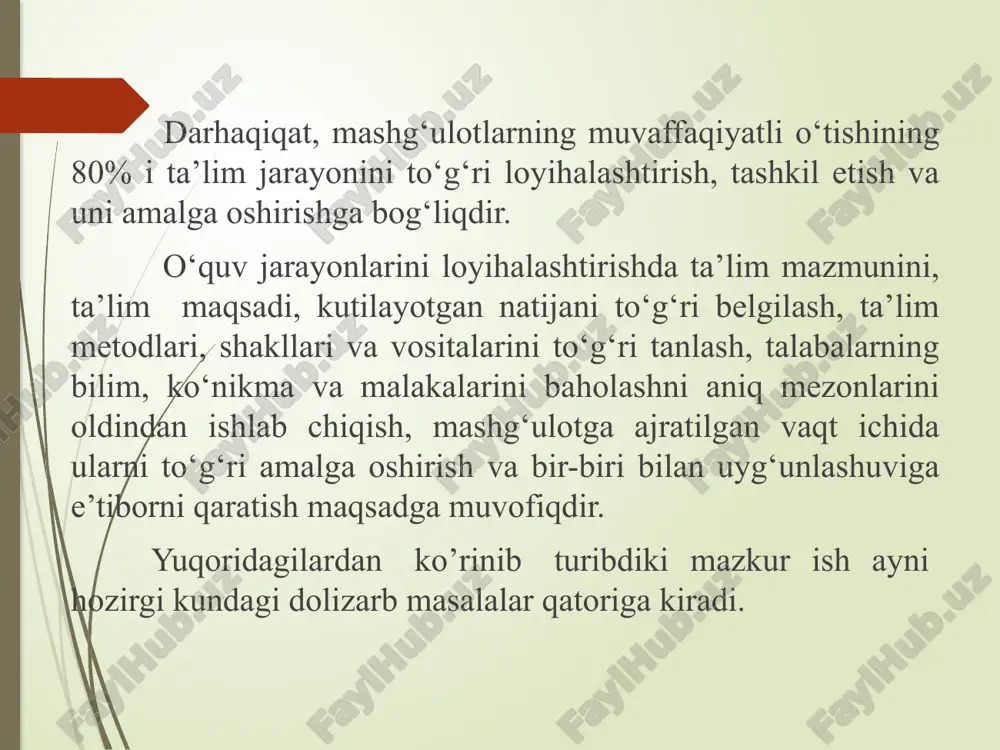 uvchan bo‘ladi. noan’anaviy ta’lim texnologiyasi o‘z navbatida uchga bo‘linadi: hamkorlikda o‘rganish modellashtirish tadqiqot (loyiha) hamkorlikda o‘rganish - talabalarning bilimini o‘zlashtirish, singdirish, musta’kamlash bo‘yicha reproduktiv faoliyatini ta’minlovchi, mahorat va malakani ketma-ketlik bo‘yicha talabaning bevosita boshchiligida ishga solishni tashkil etishga asoslangan o‘qitish va bilim olishdir. u talabalarning mustaqil guruhlarda ishlashi evaziga ta’lim olishini ko‘zda tutadigan metodlardan iborat. bularga kitob bilan ishlash, o‘quv suhbati, davra suhbati, aqliy xujum, kichik guruhlarda ishlash, bahs-munozara kabi metodlarni kiritish mumkin. modellashtirish - real hayotda va jamiyatda yuz beradigan hodisa va jarayonlarning ixchamlashtirilgan va soddalashtirilgan ko‘rinishini auditoriyada yaratish va ularda talabalarning shaxsan qatnashishi va faoliyat evaziga ta’lim olishini ko‘zda tutadi. uning asosiy maqsadi talabalarning faqat tinglashi emas, balki bilimlarni o‘zlashtirishda bevosita ishtirokini ta’minlash orqali ta’lim jarayonining samaradorligini oshirishga qaratilgan. bularga ishbop o‘yinlar va rolli o‘yinlar kabi metodlarni kiritish mumkin. tadqiqot - talabalar tomonidan muammoni tushunish va echish, mustaqil bilim olishni kuchaytiradigan va shunga undaydigan usullar yig‘indisidan iboratdir. tadqiqotning …