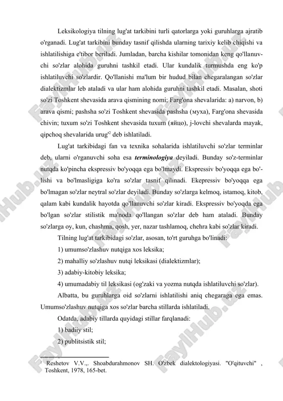 r stilistik ma'noda qo'llangan so'z​lar deb ham ataladi. bunday so'zlarga oy, kun, chashma, qosh, yer, nazar tashlamoq, chehra kabi so'zlar kiradi. tilning lug'at tarkibidagi so'zlar, asosan, to'rt guruhga bo'linadi: 1) umumso'zlashuv nutqiga xos leksika; 2) mahalliy so'zlashuv nutqi leksikasi (dialektizmlar); 3) adabiy-kitobiy leksika; 4) umumadabiy til leksikasi (og'zaki va yozma nutqda ishlatiluvchi so'zlar). albatta, bu guruhlarga oid so'zlarni ishlatilishi aniq che​ga​raga ega emas. umumso'zlashuv nutqiga xos so'zlar barcha stillarda ishlatiladi. odatda, adabiy tillarda quyidagi stillar farqlanadi: 1) badiiy stil; 2) publitsistik stil; 3) ilmiy stil; 4) rasmiy ish qog'ozlari stili; 5) so'zlashuv stili. so'zlar ham bu stillarda ishlatilishiga ko'ra tasnif qilinadi. neytral so'zlar barcha stillarda qo'llanaveradi. terminlar esa fan va texnikaga oid ilmiy asarlarda ishlatiladi. terminlar badiiy uslubda ham ba'zan uslub talabiga ko'ra qo'llaniladi. masalan, urush mavzusida yozilgan asarlarda harbiy terminlar qo'llaniladi. asqad muxtorning "daryolar tutashgan joyda" asarida sanoat va ishlab chiqarishga oid terminlarning keng qo'llanilganligi kuzatiladi. dialektizmlar ilmiy va …