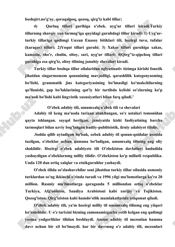 n hamma davr uchun bir xil bo'lmaydi. har bir davrmng o'z adabiy tili, mezonlari bo'ladi. masalan. xv asr navoiy davri eski o'zbek adabiy tilining fonetik, grammatik mezonlari orasida farqlar borligini yaqqol sezib turamiz. shu nuqtai nazardan o'zbek adabiy tili tarixiy taraqqiyoti o.usmonov, a.shcherbak, a.aliyev, g'.abdurahmonov kabi tilshunos olimlar tomomdan quyidagicha tasnif etilgan: 1. qadimgi turkiy adabiy til. v-x asrlar mobaynida amaldabo'lgan va unda qadimiy turkiy yozma (urxun-enasoy) kabiyodgorliklar yaratilgan. 2. eski turkiy adabiy til. xi-xiv asrning yarmigacha yozilganyusuf xos hojib "qutadg'u bilig". ahmad yugnakiy "hibat-ulhaqoyiq". abdulg'oziy bahodirxon "o'g'uznoma", xorazmiy"muhabbatnoma". rabg'uziyning "qissai rabg'uziy" kabi buyukasarlari tilidir. 3. eski adabiy till. xiv-xviii asrlarda rivojlanib, boyibtakomillashgan. shakllangan tildir. bu tilda lutfiy, atoiy, sakkokiy.navoiy, bobur kabi buyuk shoir va yozuvchilar ijod qilgan. 4. yangi o'zbek adabiy tili. bu til xix asrning ikkinchiyarmida shakllandi va unda amir umarxon, nodirabegim.muqimiy. furqat zavqiy kabi shoirlar qalamtebratdilar. ana shudavrdan boshlab matbuot tili paydo bo'ldi. 5. hozirgi o'zbek adabiy …