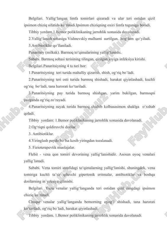 , zararlangan suyak sohasida og‘riq, ish qobiliyatining yo‘qolishi kuzatiladi. surunkali osteomiyelit o‘tkir osteomiyelitning to`liq davolanmasligi oqibatida yuzaga keladi. vaqt-vaqti bilan qo‘zg‘aladi. qo‘zg‘algan paytda tana harorati ko‘tariladi, og‘riq paydo bo`ladi. tibbiy yordam. 1. bemor shifoхonaning jarrohlik bo‘limida davolanadi. 2.og‘riqni qoldirish uchun analgin (baralgin) muskul orasiga. 3. ampitsillin, ampioks, sefamizin, gentamitsin. 4.ko`pincha jarrohlik usuli qollanadi (operatsiya yo`li bilan suyak ko`migidagi yiring tozalanadi). asosiy adabiyotlar: 1. bemorlarni uyda va shifoxonada parvarish qilish. f.g`. nazirov. toshkent-2003. 2. odam anatomiyasi. e.qodirov. toshkent-2003. 3. anatomiya. a.s.gusev. moskva-1970. 4. hamshiralik ishi asoslari. q.inomov. toshkent-2007. 5. xirurgiya. a.j.hamrayev. toshkent-2002. 6. xirurgiya va reanimatsiya asoslari. a.j. hamrayev. toshkent-2002. 7. bolalar kasalliklari. a.n.buraya. toshkent-1988. 8. sog`lom va kasal bola parvarishi. a.n.buraya. toshkent-1988. 9. klinikagacha bo`lgan xirurgiya. r.m.axmedov. toshkent-2001. 10. инфекционные болезни. к.в. бунин. москва-1980. 11. первая медицинская помощь в чрезвычайных ситуациях. э.икрамов 44 тошкент – 2003. 12. курс гражданской защиты. в.ф.зубков тошкент-2004