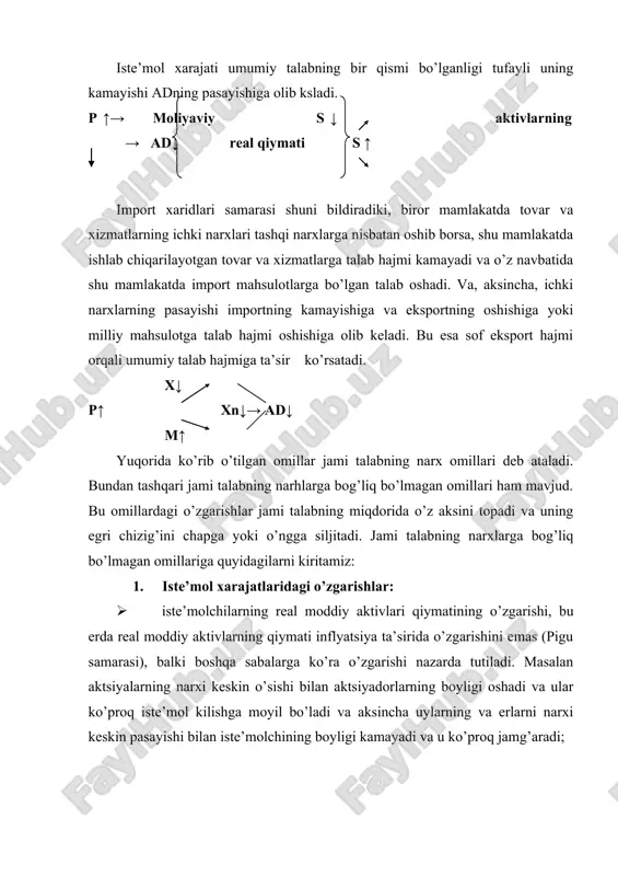 o’zgarishi. masalan, xarbiy xarajatlar va yangi kasalxona va boshqa muassasalar qurishga qaror qilinganda. 4. sof eksport hajmidagi o’zgarishlar. · boshqa mamlakatlar milliy daromadlarining o’zgarishi milliy eksportga bo’lgan talabni oshiradi. misol, jahondagi moliyaviy-iqtisodiy inkiroz natijasida ko’plab rivojlangan mamlaktlardagi axolining real daromadlari tushib ketgan va ularning bizning mamlakatda ishlab chiqarilgan tovarlarga bo’lgan talabi ham kamaygan. hozirgi kunda neft narxining keskin o’sishi neft eksport qiluvchi mamlakatlar milliy daromadlarini oshirib borishiga va natijada bu mamlakatlarda bizning mahsulotlarga talabini oshib borishiga sabab bo’lmoqda. · valyuta kurslaridagi o’zgarishlar, milliy valyuta so’mning kursi pasayishi bilan xorijdan kelayotgan mehmonlar olib kelgan dollari evaziga ko’proq so’mga ega bo’lishadi, ya’ni bizning mahsulotlarimiz xorijliklar uchun nisbatan arzonroq bo’lib qoladi. pulning miqdoriy nazariyasi tenglamasi yuqoridagilardan tashqari umumiy talabning narxlarga bog’liq bo’lmagan yana ikki omilni beradi. bular: pul taklifi (m) va pulning aylanish tezligi (v) dir. narxlar o’zgarmagan holda, pul massasining ko’payishi yoki pulning aylanish tezligining oshishi qisqa muddatda jami talab egri chizig’ini …