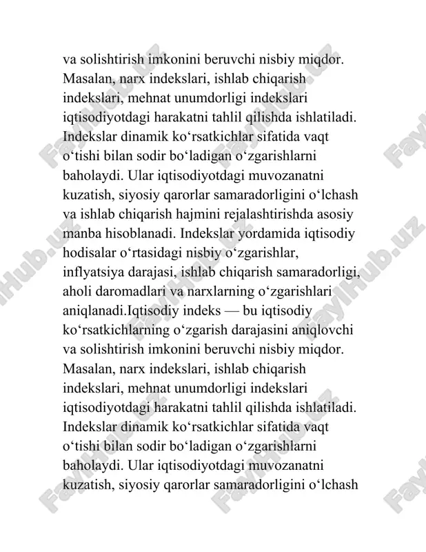 di. hisoblash formulalari orasida laspeyres, paasche va fisher indekslari keng qo‘llaniladi. laspeyres indeksi eome davr narxlari asosida, paasche indeksi esa joriy davr narxlari asosida hisoblanadi. fisher indeksi esa ularning eometric o‘rtachasi hisoblanadi. 2. indekslardan iqtisodiy tahlilda foydalanish indekslar iqtisodiy tahlilda muhim o‘rin tutadi. ular yordamida iqtisodiy ko‘rsatkichlarning o‘zgarish darajasi aniqlanadi. masalan, narx indeksi yordamida inflyatsiya darajasi aniqlanadi, ishlab chiqarish indeksi esa iqtisodiy o‘sishni ko‘rsatadi. ish haqi indekslari esa aholining turmush darajasini baholashda ishlatiladi. iqtisodiy tahlilda indekslar yordamida qarorlar qabul qilinadi, resurslardan foydalanish samaradorligi baholanadi va ishlab chiqarish rejalari tuziladi. indekslardan foydalanish iqtisodiy siyosatni tahlil qilish va prognozlash uchun asos yaratadi. davlat organlari indekslardan foydalanib makroiqtisodiy barqarorlikni ta’minlaydi va investitsiya siyosatini shakllantiradi.indekslar iqtisodiy tahlilda muhim o‘rin tutadi. ular yordamida iqtisodiy ko‘rsatkichlarning o‘zgarish darajasi aniqlanadi. masalan, narx indeksi yordamida inflyatsiya darajasi aniqlanadi, ishlab chiqarish indeksi esa iqtisodiy o‘sishni ko‘rsatadi. ish haqi indekslari esa aholining turmush darajasini baholashda ishlatiladi. iqtisodiy tahlilda indekslar yordamida …
