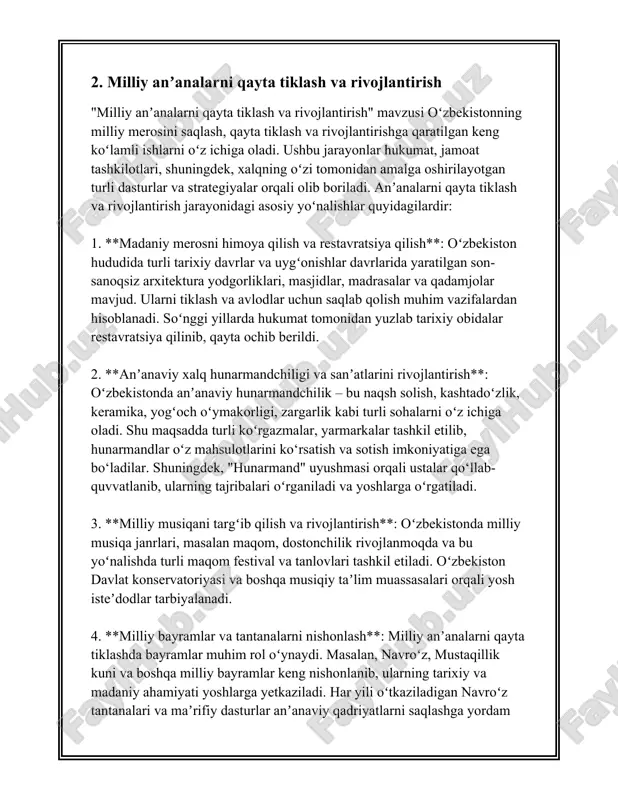 i davomida bolalarning axloqiy va estetik rivojlanishlariga ko'maklashadi. yoshlarning ma'naviy tarbiyasida diniy ta'lim ham katta ahamiyatga ega. diniy ta'lim yoshlar orasida axloqiy me'yorlarning shakllanishida muhim hisoblanadi. o'zbekistonda maktab dasturlarida dinshunoslik kurslari yoki diniy tarbiya elementlari kiritilgan. bundan tashqari, mamlakatda yuzlab masjidlar va diniy ta'lim muassasalari faoliyat ko'rsatmoqda, ular yoshlarga diniy va axloqiy bilimlar berishadi. yoshlarning ma'naviy tarbiyasini rivojlantirishda jamoat tashkilotlari va yoshlar harakatlari ham ishtirok etadi. o'zbekistonda 2021 yilda tashkil etilgan "yoshlar ittifoqi" kabi tashkilotlar yoshlar uchun turli loyihalar va dasturlar tashkil etadi. bu tashkilotlarning maqsadi yoshlarning axloqiy fazilatlarini rivojlantirish, ularni vatanparvarlik, halollik va mehnatsevarlik ruhida tarbiyalashdan iborat. kelgusida yoshlarning ma'naviy tarbiyasini kuchaytirish uchun ko'plab chora-tadbirlar rejaga kiritilgan. 2023 yil ma'lumotlariga ko'ra, o'zbekiston hukumati yoshlar tarbiyasini yaxshilash maqsadida yangi dasturlar va qo'llanmalarni ishlab chiqmoqda. bu rejalarda yoshlar tarbiyasida raqamli texnologiyalar va innovatsion yondashuvlardan foydalanish nazarda tutilgan. xulosa qilib aytganda, yoshlarning ma'naviy tarbiyasi o'zbekistonning barqaror va ravnaq topgan jamiyat qurishidagi strategik …