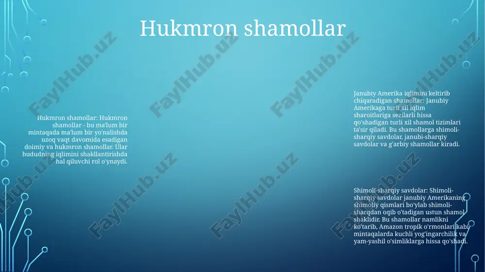 -quvvatlaydi. braziliya oqimi braziliya oqimi: janubiy amerikaning sharqiy qirg'oqlari bo'ylab shimolga oqib o'tadigan, sharqiy braziliyaning iqlimiga ta'sir qiluvchi issiq oqim. janubiy amerikaning mo''tadil yomg'irli o'rmonlari: chili janubida va argentinaning g'arbiy qismida joylashgan mo''tadil yomg'irli o'rmonlar ekogregioni, sovuq, nam qish va issiq, quruq yoz bilan ajralib turadi. janubiy amerika nam pampas: markaziy argentinadagi mo''tadil yaylovli ekoregion, yozi issiq va qishi yumshoq bo'lgan nam subtropik iqlimi, o'tloqlar va botqoqliklarning landshafti. savdo shamollari savdo shamollari: sharqdan tropiklarga esadigan nam okean shamollari. ular qit'alarning sharqiy qirg'oqlariga yog'ingarchilik olib keladi va yam-yashil tropik tropik o'rmonlarni yaratadi. and tog'lari: janubiy amerikaning g'arbiy chekkasi bo'ylab cho'zilgan ulkan tog 'tizmasi. ular tinch okeanining nam havosining ichki qismga kirishiga to‘sqinlik qilib, qit’aning ichki qismini quruq va yomg‘ir soyasiga aylantiradi. and tog'lari: janubiy amerikaning g'arbiy chekkasi bo'ylab cho'zilgan ulkan tog 'tizmasi. ular tinch okeanining nam havosining ichki qismga kirishiga to‘sqinlik qilib, qit’aning ichki qismini quruq va yomg‘ir soyasiga aylantiradi. polar …