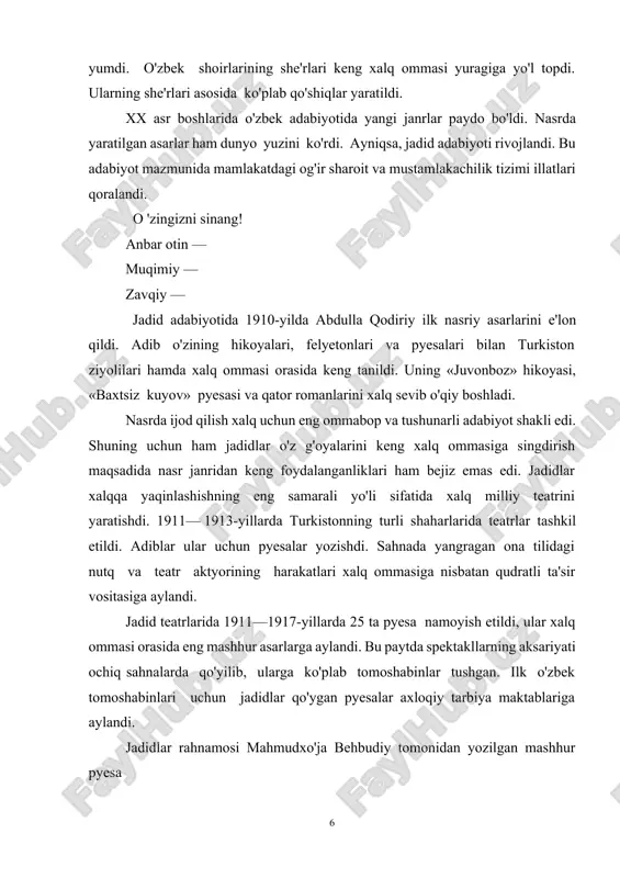 an shafqatsiz mavjudotlarga aylantirgan ma'naviy qashshoqlik, mol-mulkka ruju qo'yish qattiq qoralangan edi. unda yot odatlarning kirib kelishi jamiyat uchun muqaddas bo'lgan oilani yemirishi ko'rsatib berildi. nusratilla qudratilla qalamiga mansub «to'y» asarida oilaviy va shaxsiy fojialar sababchisiga aylangan serchiqim ba'zi urf-odatlar va an'analar tanqid ostiga olindi. pyesada oila boshlig'ining serhasham sunnat to'yi uchun puli yetmay qolganida qarz olishga majbur bo'lganligi va ko'p o'tmay to'lovga layoqatsizligi oqibatida qarzdorning qamoqqa olinishi ko'rsatilgan. shu kabi tarbiyaviy ahamiyatga ega, ma'naviy boy adabiyot xalq ongini uyg'otuvchi eng muhim vosita bo'ldi. uning atoqli namoyandalari esa soha rivojiga ulkan hissa qo'shdilar. yodda tuting! 1911-1917-yillarda jaded ma’rifatparvarlarining 25 ta pyesasi namoyish etildi, ular xalq ommasi orasida eng mashhur asarlarga aylandi. atamalar izohi meteorologiya (yunoncha) — yer atmosferasi, uning xususiyatlari va unda bo'ladigan fizik jarayonlar haqidagi fan. felyeton (fransnzcha) — kundalik turmushda ro'y beradigan salbiy hodisalarni tanqid qilib yozilgan gazeta yoki jurnal maqolasi. xx аsr boshlаridа rossiyadаgi musulmon mаktаblаrining buyuk …