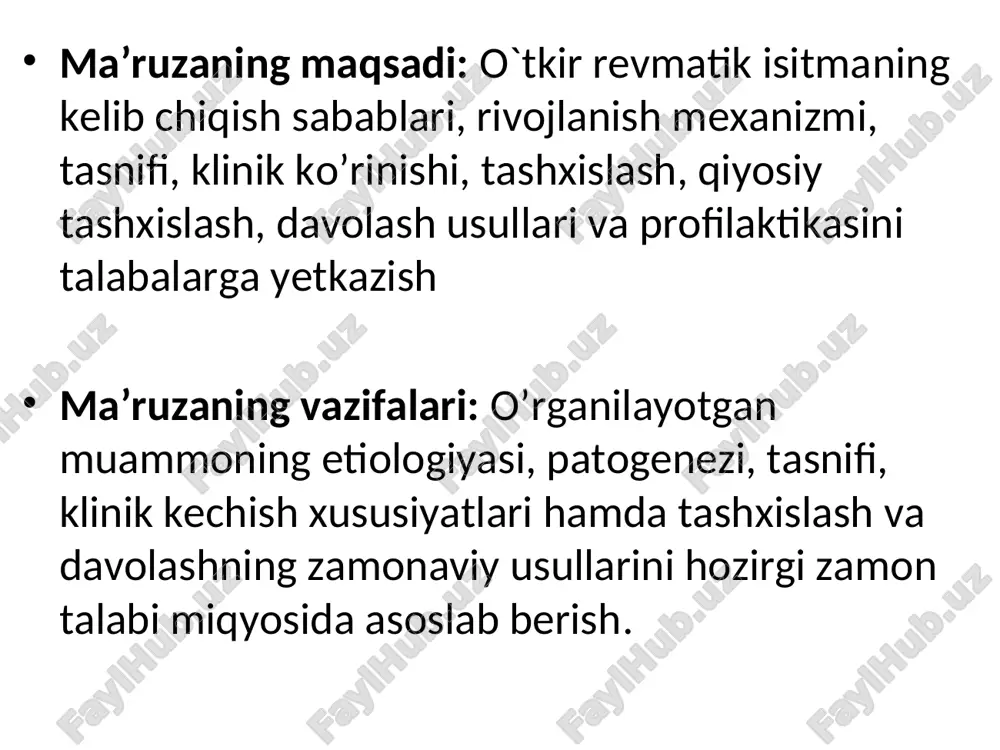 tadi. kichik xoreyaning substrati – yo’l-yo’l tanacha, subtalamik yadrolar, bosh miya po’stloq qavati va miyacha hujayralaridagi o’zgarlardir. teri va teri osti yog’ kletchatkasi zararlanishi vaskulit, endotelioz va o’choqli yallig’lanish infiltrasiyasi bilan namoyon bo’ladi. patogenezi * biriktiruvchi to`qima zararlanishi a-guruhdagi β-gemolitik streptokokkli faringit giperimmun reaksiya antitanalar ishlab chiqariliahi patogen eliminasiyasi klinika kasallik boshlanishi belgilari bemorning yoshi bilan bog’liq. bolalarda anginadan 2-3 hafta o’tib, to’satda tana harorati ko’tariladi, artrit, kardit belgilari kuzatiladi. boshqa bemorlarda monosimptom kechishi mumkin. o’smirlar va yoshlarda asta-sekin subfebril temperatura, yirik bo’g’imlarda artralgiya, karditning ba’zi belgilari bilan boshlanishi mumkin. o’ri qayta xurujlari (residiv) ko’p hollarda streptokokkli infeksiya bilan bog’liq va asosan kardit rivojlanishi bilan namoyon bo’ladi. anamnezida yaqinda o’tkazilgan tomoq infeksiyasi xoreya isitmaa revmatik kardit xalqasimon eritema va teri osti tugunchalari revmatik poliartrit xalqasimon eritema klinikasi taniqli olim - pediatr a.a. kisel (1939) kasallik asosiy belgilariga «kasallikning absolyut simptomokompleksi» deb ta’rif bergan poliartrit, kardit, xoreya alohida uchrashi mumkin, lekin …