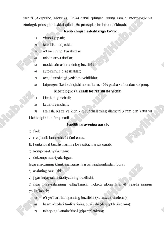 yo’llari faoliyatining buzilishi (xolestatik sindrom); 6) hazm a’zolari faoliyatining buzilishi (dispeptik sindrom); 7) taloqning kattalashishi (gipersplenizm); 8) gemorragik sindrom bo’lganda qontalashish, milkdan, burundan qon ketishi; 9) gepato splenomegaliya. jigar sirrozi bo’lgan kishilarda jigardagi yallig’lanishni hujayralar buzilishining ko’p-kamligiga, klinik simptomlarining qay darajada yaqqol ko’ringaniga qarab quyidagi faollik darajasi aniqlanadi: 1) kuchsiz faollik; 2) o’rtacha faollik; 3) keskin faollik. yuqorida keltirilgan sindromlar hammasi bir davrda bo’lmasligi ham mumkin. asoratlari. oshqozon, qizilo’ngach, ichakdan qon ketishi; jigar faoliyatining asta-sekin buzilishi; jigar-buyrak yetishmovchiligi; sirrozning o’sma (rak) ga o’tishi; jigar asosiy katta vena qon tomirining tiqilib qolishi; o’t yo’llarida tosh paydo bo’lishi (biliar sirrozda); koma. jigar sirrozining turlari: 1) kichik tugunchali (portal) jigar sirrozi; 2) katta tugunchali — jigar hujayralarining halokatidan so’ng rivojlanadigan jigar sirrozi; 3) o’t yo’llari buzilishi natijasida kelib chiqadigan jigar sirrozi. kichik tugunchali (portal) jigar sirrozi. portal sirrozi eng ko’p uchraydigan jigar sirrozi bo’lib, bu kasalliklar ichida 40 foizni tashkil qiladi. kasallik boshlanishida …