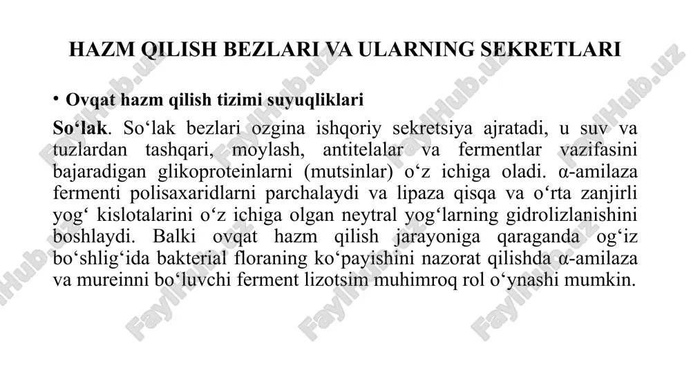 ubstratlari, triatsilgliserinlar, ichak bo‘shlig‘idagi suvli muhitdagi fermentlarning ta’siriga deyarli erishib bo‘lmaydi, chunki ular gidrofobik o‘zaro ta’sirlar tufayli katta tomchilarga to‘planadi. safroning amfifil komponentlari (safro kislotalari va ularning tuzlari, shuningdek, fosfolipidlar) yog‘larni parchalashga yordam beradi, katta tomchilarni ancha katta sirt maydoniga ega bo‘lgan kichik emulsiyaga aylantiradi. yordamchi protein kolipaz yordamida safro tuzlari triatsilgliserin lipazaning emulsifikatsiyalangan lipidlar bilan bog‘lanishiga, shuningdek ularning faollashishiga vositachilik qiladi. jarayon fermentning c-terminal domenidagi konformatsion o‘zgarishi bilan boshlanadi, bu esa faol markazning ochilishiga olib keladi. lipidlarning so‘rilishi va sintezi pankreatik lipaza [1] yog‘lardagi (triatsilgliserinlar) efir bog‘larini, birinchi navbatda, glitserin qoldig‘idagi 1 va 3-pozitsiyalarda ajratadi. natijada yog‘ kislotalari va 2-monoglitseridlar hosil bo‘lib, ular boshqa oziq-ovqat lipidlari (lizoletsitinlar, xolesterin, yog‘da eriydigan vitaminlar) bilan birga mitsellalarda aylanadi. keyinchalik bu lipidlar ichak epiteliy hujayralarining misellari va mikrovorsinkalari orasidagi aloqa zonasida, diffuziya orqali so‘riladi. qisqa va o‘rta zanjirli yog‘ kislotalari (c4-c10) ko‘proq gidrolizlanadi va mitsellalar yordamisiz so‘rilishi mumkin. triatsilglitserollarning to‘liq gidrolizlanishi natijasida ma’lum …