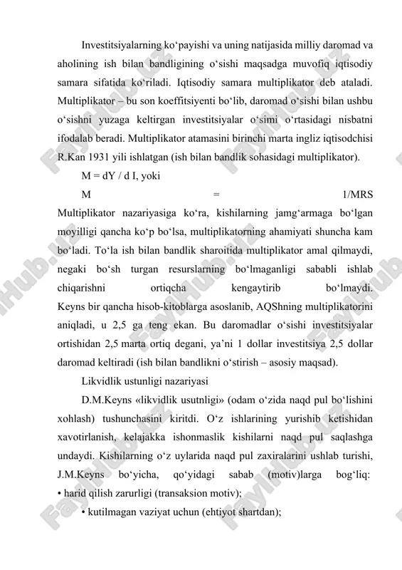 (yalpi talab, yalpi taklif, jamg‘arma) o‘zaro ta’siri hisoblanadi. ular iqtisodiy o‘sish nazariyasini ishlab chiqdilar. iqtisodiy o‘sishning asosiy omillari investitsiya hisoblanadi. yangi keynschilar multiplikator tamoyilini akseleratsiya tamoyili bilan to‘ldirdilar. akselerator prinsipiga ko‘ra daromadlarning o‘sishi konkret sharoitda investitsiyaning ko‘payishiga olib kelishi ham mumkin. buning ma’nosi shundan iboratki, daromadlarning ko‘payishi yalpi talabning oshishiga olib keladi, yalpi talabning oshishi esa, ishlab chiqarishning kengaytirilishini taqozo etadi va yangi investitsiyalarga bo‘lgan talab kelib chiqadi (yangi investitsiyalarni ko‘payishi – asosiy maqsad). yangi keynschilar iqtisodiyotni bilvosita va bevosita tartiblash chora-tadbirlarini ishlab chiqdilar. bilvosita ta’sir o‘tqazish usuliga soliq siyosati, byudjet orqali moliyalashtirish, kredit siyosati va b. kiritdilar. ularning naza-riyasi (modeli) iqtisodiyotning doim (mo‘’tadil) sur’atlarda o‘sishi dinamik barqarorlik (ilgarilab borish)ning asosiy sharti sifatida maqsadga muvofiq ekanligining umumiy xu-losalarini birlashtiradi. ularning fikricha, shundagina ishlab chiqarish quvvatlari va mehnat resurslaridan to‘la foydalanishga erishish mumkin. harrod- domar modelining boshqa bir qoidasi bo‘yicha ayrim parametrlar, chunonchi daromadlar-dagi jamg‘arma hissasi va kapital quyilmalarning o‘rtacha sa-maradorligi …