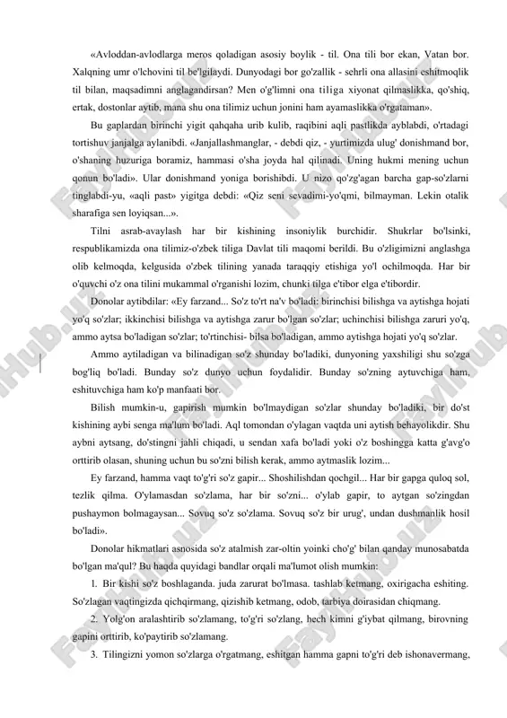 shib, angrayib turaveribdilar. shu payt mir alisher o'sha barmog'i bilan tilini ko'rsatibdi. sulton husayn hamon bezrayib turgan vazirlariga qarab: - men boshimni ko'rsatdim, mir alisher esa barmog'i bilan tilini ko'rsatdi. shuning ma'nosini topib kelinglar, - deb buyuribdi. vazirlar uch kun muhlat so'rab olibdilar. uch kun o'ylab-o'ylab, baribir hech qanday natija chiqarolmay, axiyri mir alisherning yoniga borib, boyagi imo-ishoraning ma'nosini so'rabdilar. - agar har qaysingiz ming tangadan bersangiz, mayli, aytib bera qolay, - debdi mir alisher. qirq vazir qirq ming tangani sanab bergach, u imo-ishoraning ma'nosini so'zlab beribdi. - sulton boshga balo nimadan keladi, deb so'radilar. men har kishining boshiga balo kelsa, o'zining tilidan keladi, deb javob berdim. buni eshitgan vazirlar saroyga qarab yuguribdilar, podshoning oldiga borib, biri-biriga gal bermay, «men topdim, men topdim!» -deb gap talashib qolibdilar. sulton husayn ularni tinchlantirib, gap so'rasa, ular boyagina mir alisherdan eshitgan gaplarini oqizmay-tomizmay aytib berishibdi. podsho ularning so'zlariga ishonqiramay: · to'g'risini aytinglar, bu …
