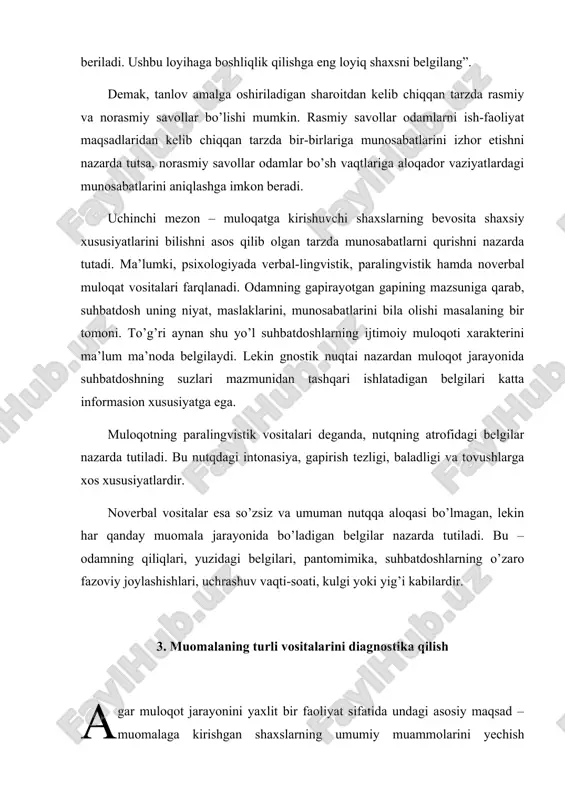 muloqotning samaradorligi ko’proq qaysi vositalarga bog’liqligiga qiziqadilar. amerikalik olim megrabyanning ma’lumotlariga ko’ra, birinchi uchrashuvda biz boshqalardan kelayotgan noverbal signallarga 55%ga ishonamiz, ulardan ta’sirlanamiz; 38% – paralingvistik va 7%gina nutqning bevosita mazmuniga ishonamiz. shuning uchun ham obrazli tarzda “kiyimga qarab kutib olinadi, aqlga qarab kuzatiladi” deyiladi. keyingi uchrashuvlarda bu mutonosiblik, tabiiy, o’zgaradi. albatta, paralingvistik hamda noverbal vositalarning muloqatdagi o’rni va ulushi masalasi suhbatdoshlarning yosh, jins, kasb, hattoki, milliy xususiyatlariga bog’liq. masalan, boshqa bir amerikalik olim argayl turli millatlar vakillari muomalasida qiliqlar va qo’l harakatlarining kuchi va takrorlanishini o’rgangan. ma’lum bo’lishicha, 1 soat mobaynida finlar bir marta qiliq qilarkan, italiyaliklar – 80 marotaba, fransuzlar – 20 va meksikaliklar 180 marta. demak, har bir xalq vakilining asriy udumlari, rasm-rusmlari, odatlari va emosionalligiga qarab qiliq va harakatlar ma’lum o’rin egallar va bu narsa o’z navbatida muloqotni kuchaytiradi, uni boyitadi. muloqot jarayonida suhbatdoshlarning fazoviy joylashishlari hamda vaqt mezonlari amaliy ahamiyatga ega. masalan, yuzma-yuz turib gaplashish, …