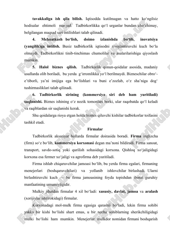 menejerlar mulkdor nomidan firmani boshqarish bilan shug‘ullanadilar. yollanib ishlovchilar — bular ishchi va xizmatchilar bo‘lib, ular o‘z mehnati bilan mahsulot yaratadilar yoki xizmat ko‘rsatadilar. firmaning 3 ta asosiy belgisi mavjud: firma mehnat taqsimotida o‘z o‘rniga ega, ya’ni muayyan vazifalarni bajaradi. u ixtisoslashgan, hamma ish bilan emas, balki o‘ziga birkitilgan, ayrim ish bilan shug‘ullanadi. firma bir yoki bir necha turdagi mahsulot chiqaradi, muayyan turda xizmat ko‘rsatadi, bozorning ma’lum qismida o‘rin egallaydi. hozirgi kunda 25—30 mln xil mahsulot va xizmatlar bo‘lib, bularni, shubhasiz, millionlardan iborat firmalar yaratadi. 2. firmalar ishlab chiqarishning dastlabki bo‘g‘ini, xuddi shu yerda talab-ehtiyojni qondiruvchi mahsulotlar chiqariladi, tovar ishlab chiqaruvchi o‘zi uchun emas, bozorda sotish uchun mahsulot va xizmatlarni yaratadi. 3. firma iqtisodiy mustaqil bo‘ladi, ya’ni nimani, qancha va qanday ishlab chiqarishni, uni kimga va qanchadan sotishni, daromadni qanday ishlatishni o‘zi hal qiladi. тashqaridan turib hech kim unga tazyiq o‘tkaza olmaydi, u faqat bozor talabiga binoan ishlaydi. firma turlari …