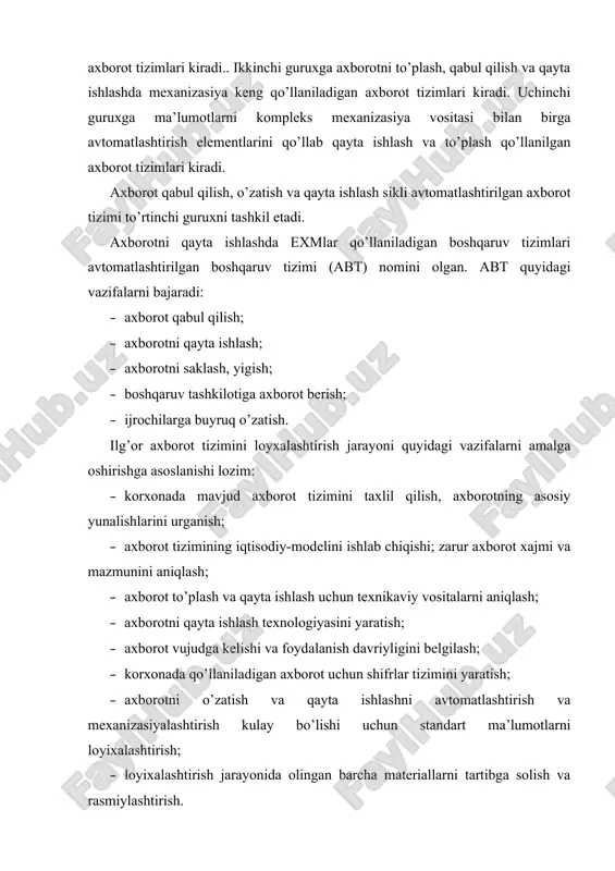 ; · axborotni o’zatish va qayta ishlashni avtomatlashtirish va mexanizasiyalashtirish kulay bo’lishi uchun standart ma’lumotlarni loyixalashtirish; · loyixalashtirish jarayonida olingan barcha materiallarni tartibga solish va rasmiylashtirish. bozor sharoitida ishlab chiqarish axborot tizimlarini ular rivojlanishi va loyixalashtirishga tizimiy yondashish asosida kompleks tashkil etishni talab etadi. bu talablarga ma’lumotlarni qayta ishlashning integrasion tizimi javob beradi. uni turli darajadagi zamonaviy xisob mashinalari, exm, inson mashina tizimini xar tomonlama qo’llash asosida loyixalashtirish mumkin. 2. boshqaruv texnikasi tushunchasi va klassifikatsiyasi. boshqaruv texnikasi - bu aqliy mexnat texnikasi, boshqaruv tizimida axborotni qayta ishlash texnikasi, boshqaruv tizimida axborotni qayta ishlash texnikasi. texnika vositalari qanchalik takomillashgan bo’lsa boshqaruv texnologiyasi, boshqaruv mexnatini tashkil etish va butun boshqaruv jarayoni shunchalik samarali bo’ladi. xisoblarga asosan mamlakat iqtisodiyotini maqbul boshqarish uchun yil davomida 10​​​ ta elementar arifmetik operasiya bajarishi zarur bo’lsa, boshqaruv apparati xodimlari 10 ta, ya’ni 10 ming marta kam operasiya bajarish kobiliyatiga ega ekanlar. bu muammoni muvaffaqiyatli xal etish uchun …