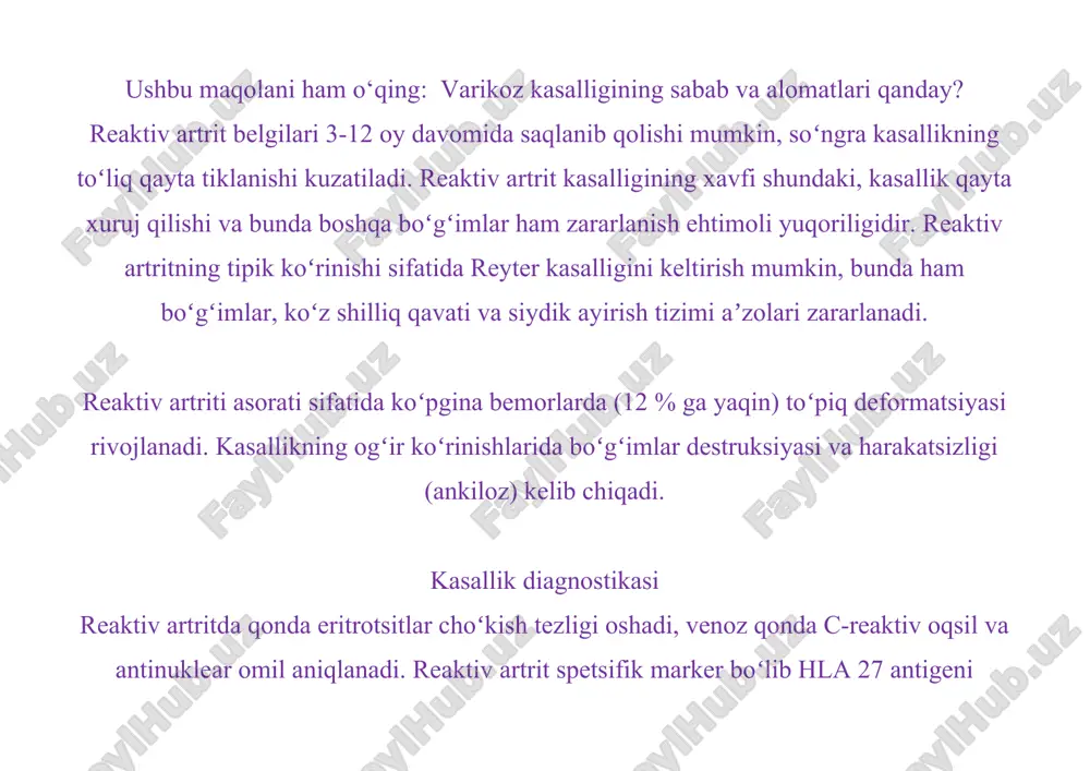 ar 3 oydan 12 oygacha davom etishi mumkin. kam sonli odamda alomatlar surunkali kasallikka aylanishi mumkin. alomatlar har bir odamda bir oz boshqacha tarzda paydo bo'lishi mumkin va quyidagilarni o'z ichiga olishi mumkin. artrit belgilari ko'pincha tizzalar, oyoqlar va to'piqlarga ta'sir qiladigan qo'shma og'riq va yallig'lanish suyakka biriktirilgan tendonning yallig'lanishi. bu to'piq og'rig'iga yoki barmoqlarning qisqarishiga va qalinlashishiga olib kelishi mumkin. surunkali og'riqni keltirib chiqarishi mumkin poshnali suyak o'sishi (tovon pog'onasi) orqa miya yallig'lanishi (spondilit) pastki orqa bo'g'imlarning yallig'lanishi (sakroiliit) siydik chiqarish yo'llarining belgilari erkaklar: siydikning ko'payishi siyish paytida yonish hissi jinsiy olatni bo'shatish yallig'langan prostata bezi (prostatit) ayollar: yallig'langan serviks yallig'langan siydik pufagi. bu siyish paytida yonish hissi keltirib chiqaradi. yallig'langan fallopiya naychalari (salpingit) yallig'langan vulva va vagina (vulvovaginit) ko'z belgilari qizil ko'zlar og'riqli va g'azablangan ko'zlar xiralashish ko'z va qovoqni qoplaydigan yallig'langan shilliq qavat (kon'yunktivit) ichki ko'zning yallig'lanishi (uveit) reaktiv artritning alomatlari boshqa sog'liq sharoitlariga o'xshash bo'lishi mumkin. …