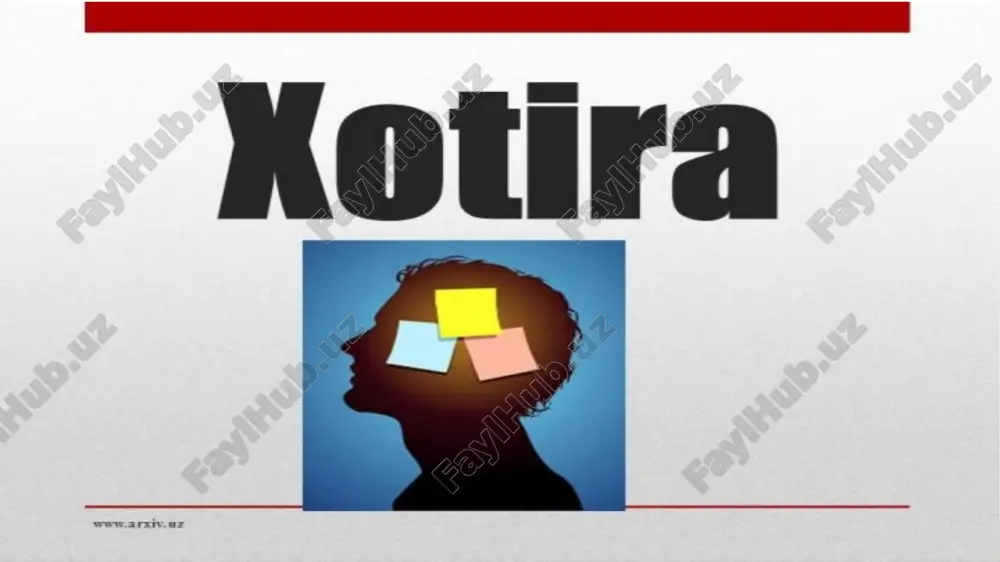 rish, eshitish, tuyish, hid bilish va ta’m bilish bilan bog‘liq bo‘ladi. ba’zaneydetik xotira – ba’zi individlarning(eydetiklar) avval idrok qilingan jism va sahnalar o‘ta to‘laqonli va obrazini esda saqlash va eslash qobiliyatiga ega bo‘lgan odamlar uchrab turadi. eydetikobrazlar jismning mavjud emasligida yuzaga kelib, oddiy tasavvurga xos bo‘lmagan izchil ko‘rgazmalilik xususiyatiga ega bo‘lishi bilan tasavvurlarga o‘xshash bo‘ladi. e’tiboringiz uchun rahmat image1.jpeg image2.png image3.jpeg image4.jpeg image5.jpeg image6.jpeg image7.jpeg