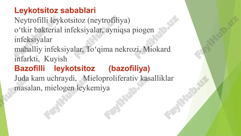ol o'ynaydi. ular energiyani ishlab chiqarish, oksidlanish-reduksiya jarayonlari, va yallig'lanish molekulalari ishlab chiqarish kabi jarayonlar orqali o'z faoliyatlarini amalga oshiradilar. leykotsitlar metabolizmi ularning tez va samarali faoliyatini ta'minlash uchun doimo adaptatsiya qilishi va o'zgarib turishi kerak. foydalanilgan adabiyotlar 1.r.a.sobirova, o.a.abrorov, f.x.inoyatova, a.n.aripov.toshkent «yangi asr avlodi» 2006 2.med24.uz.mirxojiyeva.m. sulaymonova.l. image1.png image2.png image3.png image4.png image5.png image6.png image7.png image8.png /docprops/thumbnail.jpeg