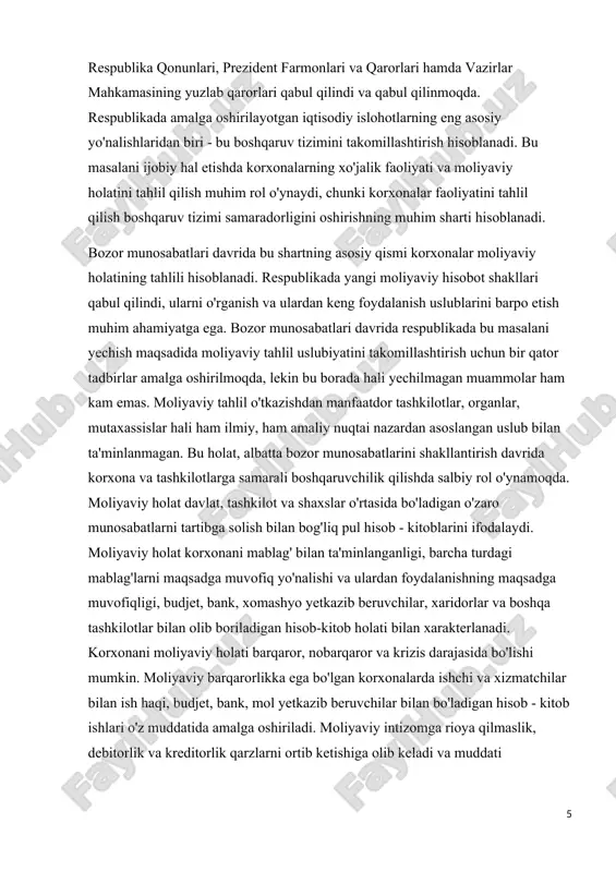 ot, menejment va marketing, statistika, buxgalterrya hisobi, audit, moliya, kredit, pul muomalasi va boshqalar tashkil etadi, demak, tahlilchi mutaxassis-auditorlar keng iqtisodiy ilmga ega bo'lishlari lozim. korxonalarning moliyaviy holatini tahlil qilish, ya'ni moliyaviy tahlil - bu keng ko'rsatkichlar yordamida, kompleks usullaridan foydalanib komonalarning moliyaviy resurslari borligini, holatini, joylashganligi va ulardan foydalanish darajasini ifodalashdir. moliyaviy tahlil ko'p qirrali murakkub jarayon bo'lib, u tashkil qilinishi, buning uchun esu bir qator talablarga asoslanishi kerak. bu talablur quyidagilardun iborat: - absolut va nisbiy ko'rsatkichlar o'rtasidagi aloqalarni borligini bilish; - moliyaviy tahlil mobaynida absolut va nisbiy ko'rsatkichlardan birgalikda foydalanish; - moliyaviy tahlil mantiqiy ravishda amalga oshirilib, u induktiv usulga - alohida hodisalardan umumiy hodisalarga o'tish, moliyaviy holatning bir shakl ko'rinishidan umumiy ko'rinishga o'tish va deduktiv usulga - umumiy hodisalardan alohida hodisalarga o'tishga asoslanib tahlil qilish, hamma foydalanilayotgan ko'rsatkichlar bir xil, asoslangan usulda aniqlanishi lozim; moliyaviy holatni tahlil qilishda tahlil qilinayotgan korxona ko'rsatkichlarini boshqa korxonalar, o'rtacha tarmoq …