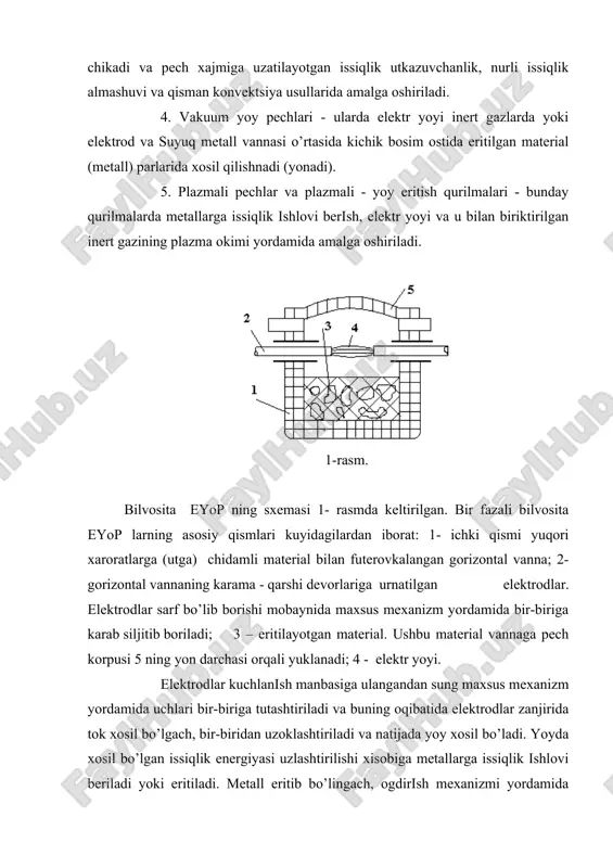 an bo’lib, bunday pechlarda grafitlashtirilgan elektrodlar kullaniladi. bevosita eyop lar asosan keyinchalik prokat tsexlarida kuyma yombi olish uchun mo’ljallangan po’lat eritish uchun belgilangan. shuningdek, olingan po’lat maxsuloti mashinasozlik zavodlarida fasonli kuyish orqali metallurgik xom ashyo olish uchun ishlatiladi. 3. bevosita eyop larining to’zilishi va ishlash printsipini po’lat eritish yoy pechlari misolida ko’ramiz. po’lat eritish yoy pechi (peyop)ning sxemasi 5.2-rasmda keltirilgan. 2-rasm. pechning to’zilishi : 1 - po’lat kojux; 2 - yuqori xaroratga ( utga) chidamli futerovka; elektrodlar - 4 o’tadigan pechning svod qismi-3 ; 5-elektrodlarni kutarish mexanizmi; 6 - elektr yoyi. peyop lari, shuningdek, metallni kimyoviy tarkibini rostlashga mo’ljallangan elektromagnit usulda korishtirish qurilmasi, eritmani tukish uchun mo’ljallangan pechni ogdirish mexanizmi, pech svodi (qopkogi) ni kutarish va burish xamda elektrodlarni uzatish va kutarish mexanizmlari bilan ta‘minlangan. elektrotexnik po’latni eritish jarayoni kuyidagi jarayonlar ketma - ketligidan iborat: - metallom (ruda, skrap) ni eritish; - korishmani turli kushilma va gazlardan tozalash; - metall …
