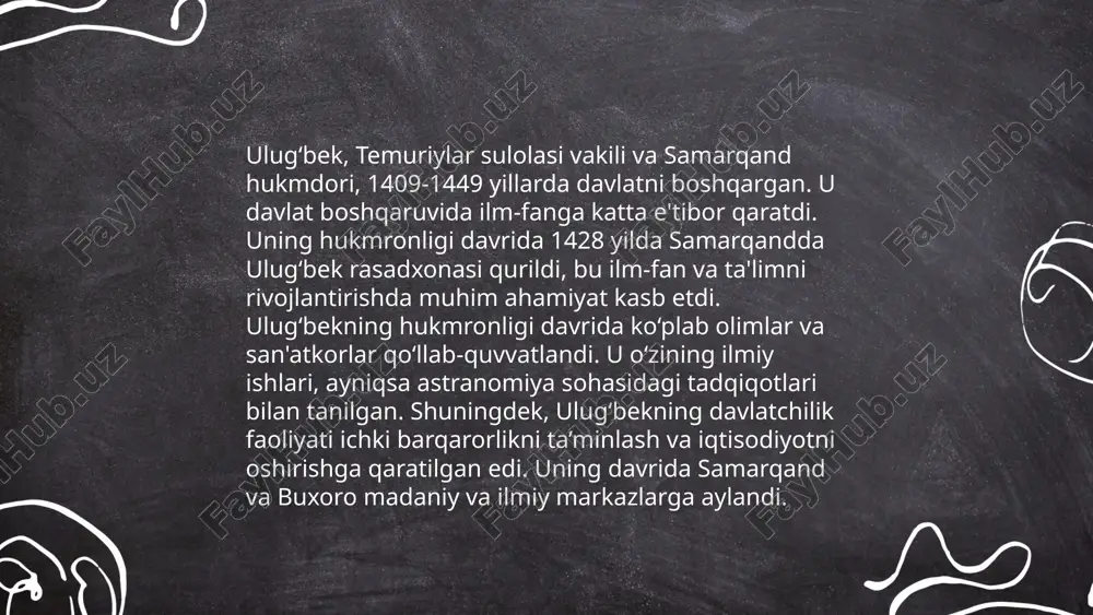 ukmronligi sababli bu davr temuriylar tarixida "oltin asr" sifatida tan olingan. ulug‘bek 1449 yilda siyosiy sabablarga ko‘ra o‘ldirilgan, lekin uning ilmiy merosi avlodlarga katta ta’sir ko‘rsatgan. ... t.me/slaydai_bot 13. ulug‘bekning oilasi va shaxsiy hayoti ulug‘bek, to‘liq ismi mirzo muhammad tarag‘ay, 1394-yilda sultoniya shahrida tug‘ilgan. u amir temurning o‘g‘li shohruh mirzo va goharsulton begimning o‘g‘lidir. ulug‘bek 1409-yilda samarqand hukmdori bo‘ldi. u bilimga intilgan kishi bo‘lib, ko‘plab olimlarni o‘z atrofiga yig‘di. 1428-yilda samarqandda ulkan rasadxona qurdirgan, bu yerda yulduzlar va planetalar harakatini kuzatgan. uning oilasi va shaxsiy hayotida muhim voqealardan biri, 1449-yilgi otib o‘ldirilishi edi. ulug‘bekning o‘g‘li abdulatif tomonidan qudrati tugatildi. ulug‘bekning ilm-fan va madaniyatga qo‘shgan hissasi katta bo‘lib, uning tajribalari va kuzatishlari keyingi asrlarda ham ilmiy rivojlanishga xizmat qildi. mirzo ulugbek buyuk olim va davlat arbobi shokirjonov zikirillo e'tiboringiz uchun raxmat! image1.png image2.png image3.png image4.png image5.png image6.jpg image7.jpg image8.jpg image9.jpg /docprops/thumbnail.jpeg
