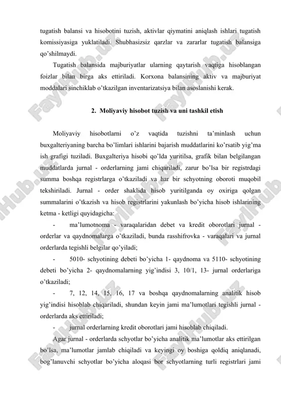 orderlardan olib yoziladi. jurnal - orderlar ma’lumotlari bosh daftarga o’tkazilgandan so’ng jurnal - orderlarda quyidagicha izoh beriladi: «oborotlar summasi bosh daftarda aks ettirildi» va sanasi ham ijrochi va bosh buxgalterning imzolari qo’yiladi. bosh daftarda schyotlarning qoldig’i chiqarilgandan so’ng ular analitik ma’lumotlar bilan tekshiriladi, jurnal - order shaklining registrlari ma’lumotlari bo’yicha balans va boshqa hisobot jadvallari tuziladi. 3. buxgalteriya balansi tuzilishi va uning tarkibi moliyaviy hisobot tizimida balans muhim ahamiyatga ega bo’lib, yillik hisobot tarkibida unda katta o’zgarishlar sodir bo’ldi, chunki xalqaro andazalar talablariga yaqinlashdi va bozor munosabatlariga qaratildi. balansning aktiv va passiv moddalarining mazmuni ichki hamda tashqi foydalanuvchilarga undan foydalanish imkoniyatini berdi. ichki va tashqi qiziquvchilar uchun korxona faoliyatining moliyaviy natijalari, uning moliyaviy barqarorligi, kreditor qarzlarining hajmi, bank kreditlari bo’yicha qarzlari to’g’risidagi ma’lumotlar zarur. korxona ichida balansda keltirilgan axborotlar xo’jalik faoliyatini tahlil qilish, xarajatlar va yo’qotishlarni qisqartirish zaxiralarini qidirib topish, korxona hisobidan to’lanadigan jarimalar sabablarini bartaraf etish uchun keng qo’llaniladi. …