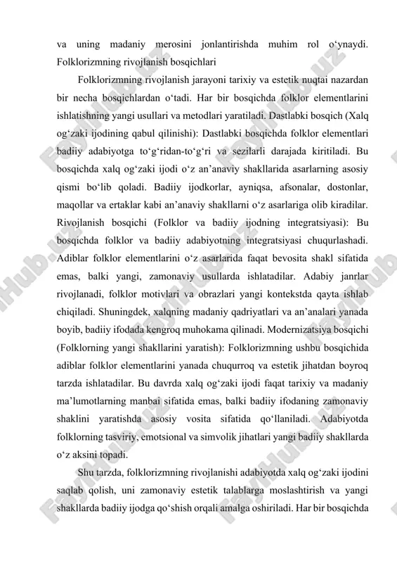 lklor orqali adiblar milliy merosni va madaniyatni saqlash imkoniyatiga ega bo‘ladilar. xalq og‘zaki ijodi asosan og‘zaki an’analar va hikoyalar shaklida bo‘lib, ularda xalqning hayotini, orzularini, an’analarini ifodalovchi motivlar, ramzlar, qahramonlar va voqealar mavjud. individual ijodkor uchun bu materiallar asarlarni yaratishda ilhom manbai bo‘ladi. xalq og‘zaki ijodini o‘zlashtirish orqali adib xalqning ruhiyatini, ma’naviy dunyosini va o‘ziga xosligini to‘g‘ri ifodalaydi. shu bilan birga, xalq og‘zaki ijodining ko‘plab janrlariga asoslanish, ijodkorni zamonaviy badiiy asarlarda o‘zining ijodiy uslubi va yangiligi bilan ajralib turishga yordam beradi. shuningdek, folklor asarlarining tematik boyligi individual ijodkorning o‘z asarini shakllantirishda katta ahamiyatga ega.folklor elementlarini badiiy adabiyotda ishlatish usullari folklor elementlarini badiiy adabiyotda ishlatish ijodkor uchun ko‘plab usullardan foydalanish imkoniyatini taqdim etadi. bular orasida birinchi o‘rinda folklor motivlari va obrazlarini badiiy asarlarga kiritish turadi. adiblar ko‘pincha folklor motivlari, masalan, yurtni himoya qilish, muhabbat, yaxshilik va yomonlik kurashi kabi mavzularni o‘z asariga olib kiradilar. folklor motivlari badiiy asarlarda faqat mavzuni anglatib …
