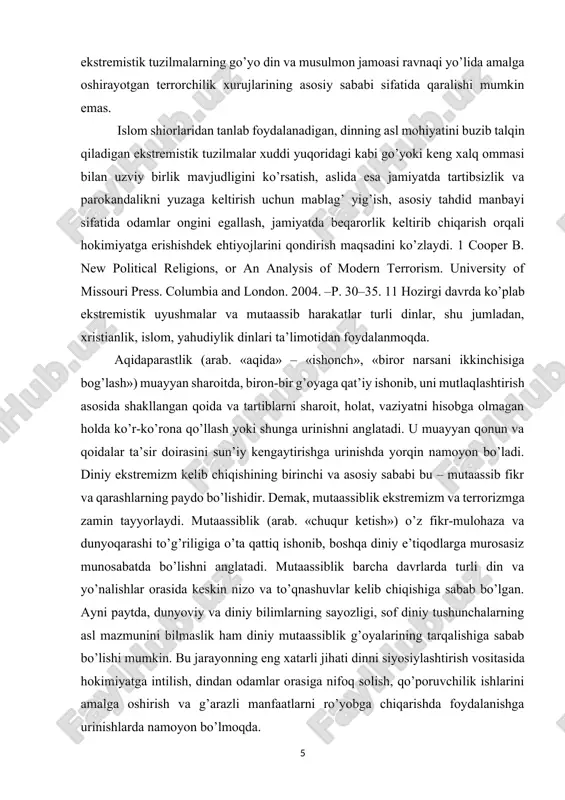 astlik (arab. «aqida» – «ishonch», «biror narsani ikkinchisiga bog’lash») muayyan sharoitda, biron-bir g’oyaga qat’iy ishonib, uni mutlaqlashtirish asosida shakllangan qoida va tartiblarni sharoit, holat, vaziyatni hisobga olmagan holda ko’r-ko’rona qo’llash yoki shunga urinishni anglatadi. u muayyan qonun va qoidalar ta’sir doirasini sun’iy kengaytirishga urinishda yorqin namoyon bo’ladi. diniy ekstremizm kelib chiqishining birinchi va asosiy sababi bu – mutaassib fikr va qarashlarning paydo bo’lishidir. demak, mutaassiblik ekstremizm va terrorizmga zamin tayyorlaydi. mutaassiblik (arab. «chuqur ketish») o’z fikr-mulohaza va dunyoqarashi to’g’riligiga o’ta qattiq ishonib, boshqa diniy e’tiqodlarga murosasiz munosabatda bo’lishni anglatadi. mutaassiblik barcha davrlarda turli din va yo’nalishlar orasida keskin nizo va to’qnashuvlar kelib chiqishiga sabab bo’lgan. ayni paytda, dunyoviy va diniy bilimlarning sayozligi, sof diniy tushunchalarning asl mazmunini bilmaslik ham diniy mutaassiblik g’oyalarining tarqalishiga sabab bo’lishi mumkin. bu jarayonning eng xatarli jihati dinni siyosiylashtirish vositasida hokimiyatga intilish, dindan odamlar orasiga nifoq solish, qo’poruvchilik ishlarini amalga oshirish va g’arazli manfaatlarni ro’yobga chiqarishda …