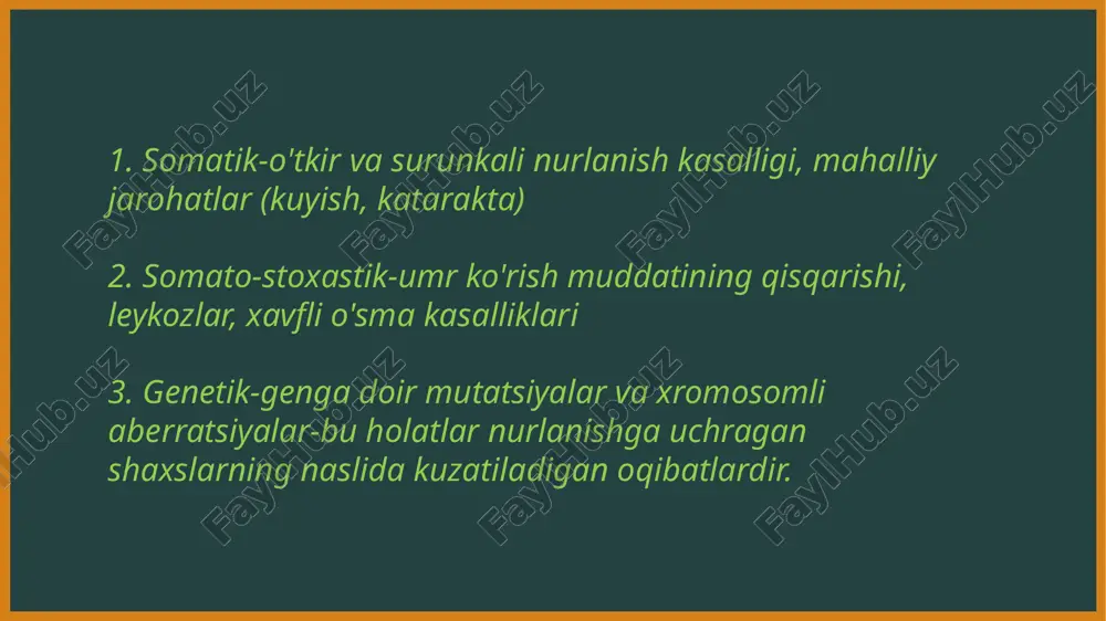 qo'rg'oshinli shisha yoki rezinka, temir, g'isht, beton, suv ishlatiladi. bunda ekranlar sifatida konteynerlar, qurilish konstruksiyalari, eshik, deraza, pol, shif parda, fartuk, qo'lqop va ko'zoynaklar bo'lishi mumkin. neytronlardan himoyalanish uchun bir necha qavatli himoya qo'llaniladi: 1 qavat- tezkor neytronlarni susaytirish uchun (parafin, suv); 2 qavat-sekin neytronlarni shimishi uchun (bor, kadmiy); 3 qavat-sekin neytronlarni yutilishida kelib chiqadigan gamma nurlarni yutish uchun. radioaktiv gazlar va atmosferadagi radioaktiv aerozollarning miqdorini nazorat qilish uchun statsionar, rks toifasida yoki olib yuriluvchi rga-01p, rgb-02 (2-rasm), rgb-07, ras-0,4 dozimetrlar qo'llanadi. tekshirish uchun namunalar hamma xonalardan olinishi, agar xodim xonada ish kunining 50% vaqti davomida bo'lsa o'rtacha kunlik, undan kam bo'lsa haftalik namuna olinadi. etiboringiz uchun raxmat image1.jpeg image2.jpeg image3.png