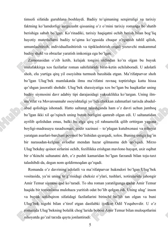tirganda chakmonining etagi bilan mayib oyog’ini o’rab, tizzasini silab o’tirar edi. bobosi amir temur oq yuzli, qirg’iy burun, siyrakkina cho’qqi soqol odam edi. undan hamma hayiqar, u siyrak qoshlarini chimirib, o’tkir ko’zlari bilan qadalib qaraganda, hech kim tob berolmas, hamma ko’zini olib qochar, u kelayotganda har kim turgan joyda qo’l qovushtirganicha qotib qolar edi. lekin ajabo kichkina muhammad tarag’ayni ko’rganda bobosining qovog’i ochilib, chehrasidagi shiddat bo’lakcha bir muloyimlik bilan almashar, o’tkir nigohida sho’x uchqunlar o’ynar edi. odatda u nevarasini tizzasiga o’tqazib erkalar, aksariyat mudarrislarni chaqirib, nevarasining saboqlarini surishtirar edi. mudarrislar ulug’bekning zehnini maqtashsa, bobosi nevarasining keng peshonasidan o’pib kular: · barakallo sizga. amir temur avlodidan ham xorun rashidday bir fozil podshoh chiqsin-da, -deb qo’yar edi. goho esa, bil’aks nevarasini mutolaa ustida ko’rsa, jahli chiqar, darg’azab bo’lib nevaralaridan biriga: · olib chiq. ot minsin. qilich o’ynasin, -deb buyurar edi” yozuvchi amir temur shaxsiyati, aql-idroki, shijoati, davlatni boshqarishdagi tadbirkorligi, ayniqsa, nevarasi ulug’bekka …