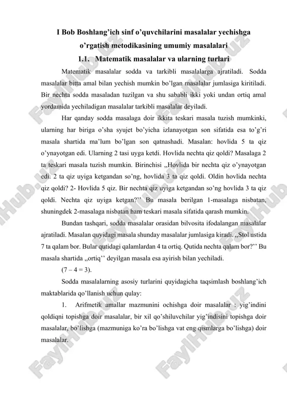 ir nechta qiz o’ynayotgan edi. 2 ta qiz uyiga ketgandan so’ng, hovlida 3 ta qiz qoldi. oldin hovlida nechta qiz qoldi? 2- hovlida 5 qiz. bir nechta qiz uyiga ketgandan so’ng hovlida 3 ta qiz qoldi. nechta qiz uyiga ketgan?’’ bu masala berilgan 1-masalaga nisbatan, shuningdek 2-masalaga nisbatan ham teskari masala sifatida qarash mumkin. bundan tashqari, sodda masalalar orasidan bilvosita ifodalangan masalalar ajratiladi. masalan quyidagi masala shunday masalalar jumlasiga kiradi. ,,stol ustida 7 ta qalam bor. bular qutidagi qalamlardan 4 ta ortiq. qutida nechta qalam bor?’’ bu masala shartida ,,ortiq’’ deyilgan masala esa ayirish bilan yechiladi. (7 – 4 = 3). sodda masalalarning asosiy turlarini quyidagicha taqsimlash boshlang’ich maktablarida qo’llanish uchun qulay: 1. arifmetik amallar mazmunini ochishga doir masalalar : yig’indini qoldiqni topishga doir masalalar, bir xil qo’shiluvchilar yig’indisini topishga doir masalalar, bo’lishga (mazmuniga ko’ra bo’lishga vat eng qismlarga bo’lishga) doir masalalar. 2. amalning noma’lum komponentlarini (qo’shiluvchi, kamayuvchi, ayriluvchi, ko’paytuvchi, …