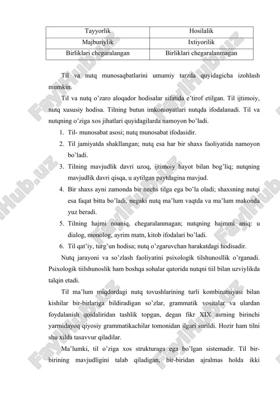 arini o’rganadi. u inson fikrining aniq, ravshan, ketma-ket va asosli bo’lishini taminlaydi. shunday ekan, mantiq tilshunoslikning grammatika bo’limi bilan bevosita munosabatdadir. chunki tushuncha so’z va so’z birikmalari orqali ifodalansa, fikr gap orqali ifodalanadi. har bir kishi uchun grammatikani bilish qancha zarur bo’lsa, mantiqning shakl va qonunlarni o’zlashtirish ham shunchalik zarurdir. mantiq shakllari tushuncha, xulosalar hamma xalqlar uchun umuniy bo’lsa, ularning turli tillarda ifodalanish shakllari turli-tumandir. shuning uchun ham har bir til boshqasidan farq qiladigan o’z grammatikalariga ega. bu shuni ko’rsatadiki, mantiq bilan grammatika bir-biri bilan bog’liq, ular bir-birlarini to’ldiradi. tilshunoslikni u yoki bu fanlar sinfiga kiritishda bu fan o’rganadigan obyektining tabiati asos qilib olinadi. til kishilarning eng muhim aloqa vositasi, bilimlarni saqlovchi va kelajak avlodga yetkazuvchi vositadir. ana shu vazifalarini e’tiborga olganda, til-ijtimoiy hodisadir. chunki u jamiyat uchun xizmat qiladi. ikkinchidan ijtimoiy xarakterga ega bo’lgan til muayyan fizik va fiziologik jarayonlar asosida moddiylashadi. uchunchidan til va tafakkur o’zaro ajralmasdir. til …