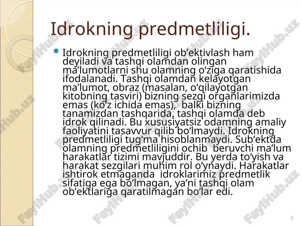 jarayonita xotira faoliyati qo'shiladi har bir idrok tarkibiga kishining o'tmishda hosil qilingan bilim va tajribalari kiradi. biz bunday shakl buyumlarni ilgari juda ko'p marta ko'rganmiz. ular haqida muayyan bilimlarimiz bor. shuning uchun bu shakllardagi yetishmagan joylarni o'sha bo'limlardan olib qo'shamiz va bir butun aks ettiramiz. * idrok tarkibiga xayol tasavvurlari kiradi masalan: derazadagi qirovni idrok qilib, tropik o'rmon yoki gullarga o'xshatish, kesib olingan daraxt to'nkasini idrok qilib biror yovvoyi hayvonga o'xshatish, osmondagi para-para suzib oq bulutlarni idrok qilib, to’plab kuyilgan paxtaga o'xshatish va boshqalar. * idrok tarkibiga tafakkur va nutq faoliyati kiradi. agar idrok-qilinayotgan narsa yoki hodisa biz uchun yangi notanish bo'lsa, darrov fikr yuritish faoliyati boshlanadi va "bu nima", "buning nomi nima " degan savol tug'iladi. shuningdek, har bir idrok hukm shaklida ifodalanadi. ya'ni narsa yoki hodisaga nom beriladi, uni so'z bilan aytiladi mavjud tushuncha doirasiga kiritadi. masalan: "bu gul", bu mashina, "bu kitob" va boshqalar, * . idrok …
