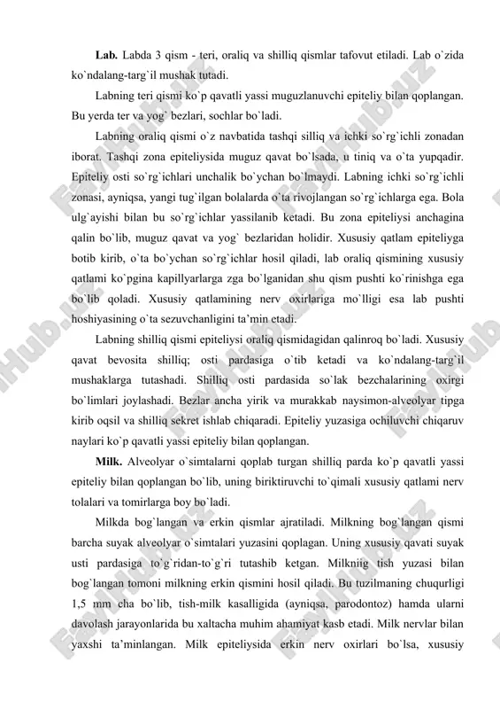 asiga to`g`ridan-to`g`ri tutashib ketgan. milkniig tish yuzasi bilan bog`langan tomoni milkning erkin qismini hosil qiladi. bu tuzilmaning chuqurligi 1,5 mm cha bo`lib, tish-milk kasalligida (ayniqsa, parodontoz) hamda ularni davolash jarayonlarida bu xaltacha muhim ahamiyat kasb etadi. milk nervlar bilan yaxshi ta’minlangan. milk epiteliysida erkin nerv oxirlari bo`lsa, xususiy biriktiruvchi to`qimada kapsulali va kapsulasiz nerv oxirlari ko`p bo`ladi. milkda mushak qatlami bo`lmaydi. lunj. lunj - mushakli a’zo bo`lib, shilliq parda bilan qoplangan, ichki yuzasi 3ta zonaga - yuqori maksillyar, pastki - mandibulyar va oraliq qismlarga bo`linadi. yuqori qismning tuzilishi labning shilliq pardasiga o`xshash bo`lib, ko`p qavatli muguzlanmaydigan epiteliy bilan qoplangan. xususiy qavatining so`rgichlari uncha katta bo`lmaydi va juda ko`p lunj bezlari tutadi. shilliq osti parda qon tomir va nervlarga boy siyrak tolali biriktiruvchi to`qimadan iborat. oraliq kismning muskul qavati lunj muskullaridan hosil bo`lib, u erda lunj so`lak bezlari yotadi. ularnnng oxirgi sekretor bo`limi aralash sekret ishlab chiqaradi. bundan tashqari, alohida shilliq …