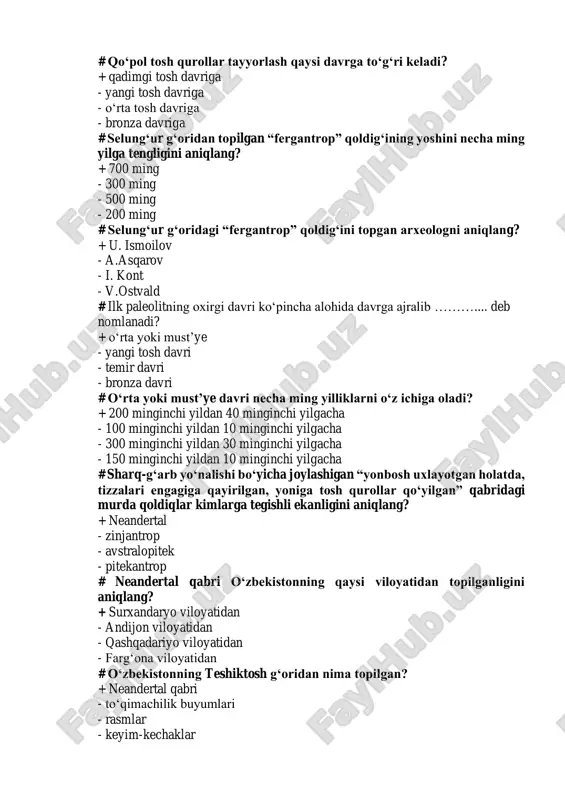 astlabki sivilizatsiya markazlarini aniqlang? + misr, mesopotamiya, hindiston va xitoy - yunoniston va rim - misr, mesopotamiya va rim - yunoniston, rim, hindiston va misr # qadimgi g‘arbdagi dastlabki sivilizatsiya markazlarini aniqlang? + yunoniston va rim - hindiston va xitoy - misr, mesopotamiya va rim - rim, hindiston va misr # ipak, chinni va qog‘ozning vatanini aniqlang? + xitoy - yunoniston - rim - hindiston # qaysi davlat o‘lim sababini aniqlash maqsadida murda tanasini anatomik tadqiq qilish tajribalarini amalga oshirgan? + hindiston - yunoniston - rim - xitoy # “son”, “tub son”, “sinus’ kabi atamalar ilk bor qaysi davlatda paydo bo‘lgan? + hindiston - yunoniston - rim - o‘zbekiston #. marduq haqidagi mifning vatanini aniqlang? + mesopotamiya - yunoniston - rim - o‘zbekiston # yangi yil bayramida bosh xudo marduk ibodatxonasiga borish huquqi kimga tegishli bo‘lgan? + bobil shohi - bobil aholisi - bobil hunarmandi - bobil ayollari #. qaysi …