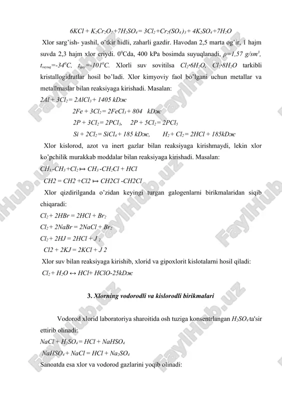 haroratda xlor ta'sir ettirib olinadi, xona haroratida esa parchalanib ketadi: xlor (i)- oksidi ishqorlar, suv bilan reaksiyaga kirishib gipoxlorit kislotasini va uning tuzlarini hosil qiladi: cl2o + h2o = 2hclo cl2o + 2naoh = 2naclo + h2o hclo- kuchli oksidlovchi, ammo kuchsiz kislotadir. suvli eritmalarida barqaror bo’lib, uzoq vaqt saqlansa parchalanib ketadi. gipoxlorit kislota va uning tuzlari qizdirilganda xlorat kislota va uning tuzlari hosil bo’ladi: xlor (iv)- oksidi sabzi rangli, o’tkir hidli beqaror, portlovchi gazdir. xloratlarga qaytaruvchilar ta'sir ettirib olinadi: 2kclo3+so2+h2so4 =2clo2+2khso4. clo2 ga to’g’ri keladigan kislota olinmagan, lekin u suv bilan birikib, xlorit- hclo2 va xlorat- hclo3 kislotalarni hosil qiladi: 2сlo2 + h2o = hclo2 + hclo3 xlorit va xlorat kislotalar suvli eritmalarida mavjud bo’ladi. xlor (iv)- oksidi ishqorlar bilan reaksiyaga kirishib, xlorit va xlorat kislota tuzlarini hosil qiladi: 2clo2 +2koh = kclo2 + kclo3+ h2o xlorat kislota va uning tuzlari qizdirilganda parchalanib perxloratlarni hosil qiladi: xlor (vi)- oksidi …