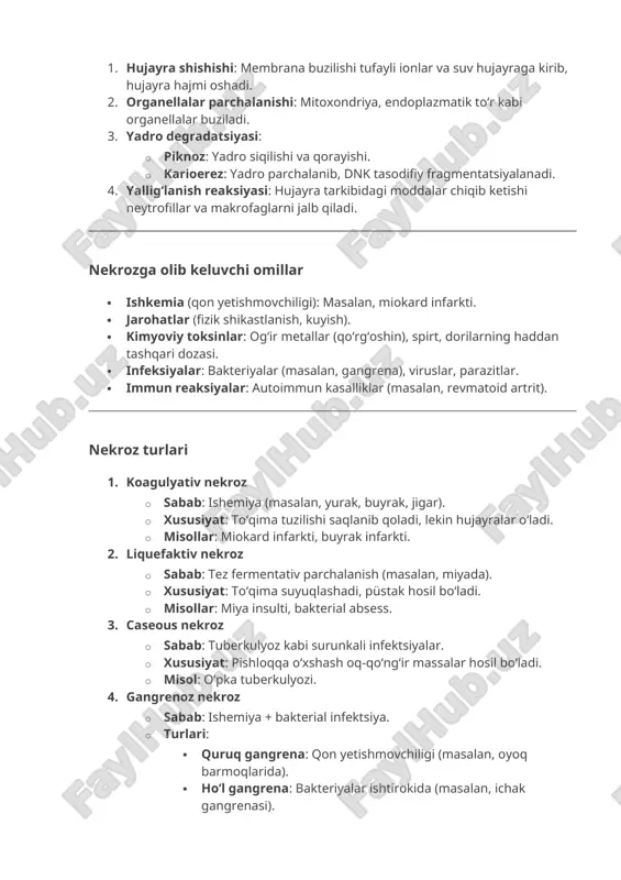 larining shikastlanishi (masalan, oshqozon osti bezi). · xususiyat: yogʻli kislotalar kaltsiy bilan birikib, "sovun" hosil qiladi. nekrozning klinik ahamiyati · yalligʻlanish: oʻlik toʻqimalar makrofaglar tomonidan tozalanadi. · toʻqima regeneratsiyasi: agar nekroz kichik boʻlsa, toʻqima tiklanadi; katta boʻlsa, chandiq (soʻzak) hosil boʻladi. · organ funktsiyasining yoʻqolishi: masalan, miyokard infarktida yurak pompalash qobiliyati pasayadi. nekrozni apoptozdan farqlash xususiyat nekroz apoptoz sabab tashqi zarar ichki signal (genetik) hujayra hajmi shishadi qisqaradi yalligʻlanish kuchli yoʻq dnk parchalanishi tasodifiy tartibli (ladder pattern) atrof toʻqimaga taʼsir zarar yetkazadi zararsiz davolash · nekrotik toʻqimalarni olib tashlash (jarrohlik). · antibiotiklar (bakterial infektsiyalarda). · qon aylanishini tiklash (ishkemik nekrozda). · yalligʻlanishga qarshi dorilar. misol: · quruq gangrena (ayollar koʻpincha qondagi yetishmovchilik tufayli oyoq barmoqlarida paydo boʻladi). · oshqozon osti bezining oʻtkir pankreatitida fermentlar toʻqimalarni eritib, nekrozga olib keladi. xulosa: nekroz — bu hujayralarning tartibsiz oʻlimi boʻlib, asosan tashqi omillar taʼsirida roʻy beradi. uning oldini olish yoki davolash asosiy kasallikni …