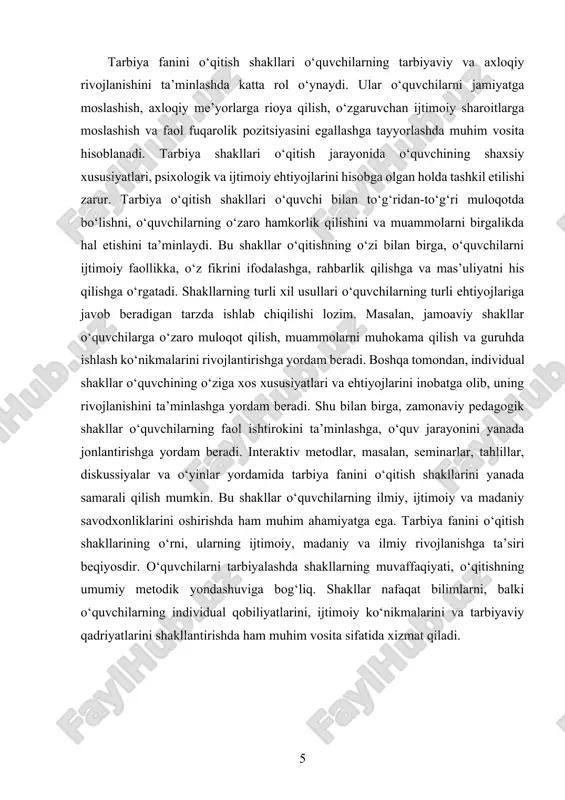 di. jamoaviy shakl o‘qitishda o‘quvchilar guruh bo‘lib ishlashadi. bu shakl o‘quvchilarga o‘zaro aloqada bo‘lish, bir-birini tushunish va birgalikda ishlashni o‘rgatadi. jamoaviy shakl orqali o‘quvchilar muammolarni birgalikda hal qilishadi, o‘zaro yordam ko‘rsatishadi va fikr almashishadi. bu shakl ijtimoiy ko‘nikmalarni rivojlantirish va guruhda ishlashda zarur bo‘lgan qobiliyatlarni shakllantirishga yordam beradi. guruhli shakl, jamoaviy shaklning kichikroq shakli sifatida, kichik guruhlarda faoliyat olib borishga asoslanadi. bu shakl o‘quvchilarga o‘zaro hamkorlik qilish va birgalikda maqsadga erishish imkoniyatini beradi. guruhli shakl o‘quvchilarning ijtimoiy mas’uliyatini oshiradi va guruhda ishlashning samaradorligini ta’minlaydi. interfaol shakllar o‘quvchilarning faol ishtirokini ta’minlaydi. bu shaklda o‘quvchilar o‘z fikrlarini erkin ifodalaydilar, savollar berishadi va mavzularni muhokama qilishadi. interfaol shakllar o‘quvchilarning jamoaviy ishlash ko‘nikmalarini, muloqot va hamkorlik qobiliyatlarini rivojlantirishga yordam beradi. bu shakl orqali o‘quvchilar o‘zlarini faol ishtirokchi sifatida his qiladilar va o‘rganilgan materiallarni amaliyotda qo‘llash imkoniyatiga ega bo‘ladilar. auditoriya shakli esa, ko‘proq an’anaviy tarzda o‘qitishning bir shakli bo‘lib, o‘qituvchi tomonidan o‘quvchilarga ma’ruzalar yoki tushuntirishlar …