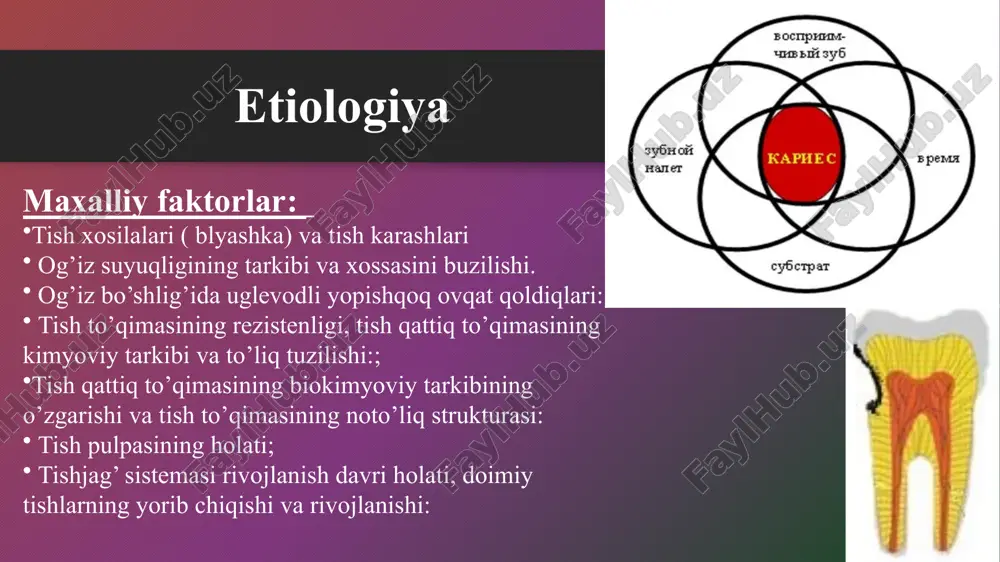 lga oshiriladi. anesteziyada infiltrasion yoki o`tkazuvchi usullaridan foydalaniladi. bunda 2%-li – 2 ml. lidokain, trimekain, ubestezin, melokain, keylokain, ultrakain, superkain va boshqa dori vositalaridan foydalaniladi. ba'zi bemorlarda juda kuchli qo`rko`v bo`lib, bu ularning ruxiyatiga salbiy ta'sir qiladi. bunday bemorlarga muolajalardan 30-45 daqiqa avval trankvilizatorlar, sedativlar yoki ularning kombinasiyalari beriladi: elenium, seduksen, tazepam, fenozepam, mezapam (rudotel), metropan, olizil, trioksazin, valeriana va boshqalar. karies kovakni ochish . bunda ostida dentini yo`q, osilib qolgan emal qirralari soglom dentin qavatgacha charxlanadi. qoziq va kesuv tishlarning lab yuzalari bundan mustasno. buning uchun sharsimon yoki fissur borlardan foydalaniladi. sharsimon borni kovakka kirgizib, tubidan tashqariga yo`naltirib, osilib turgan ema lqirralari olinadi. fissur bor bilan yon devorlar charxlanadi. karies kovakni kengaytirish fissur va sharsimon borlar yordamida karies kovak devorlari kengaytiriladi, emalqirg`oqlari tekislanadi, o`tkir burchaklar charxlanib, yumaloq shaklga keltiriladi. nekroektomiya bu bosqichda karies kovakdan zararlangan va nekrozga uchragan emalva dentin qavatlari olinadi. nekrotin to`qimani hajmi karies kovakni chuqurligi, joylashishi …