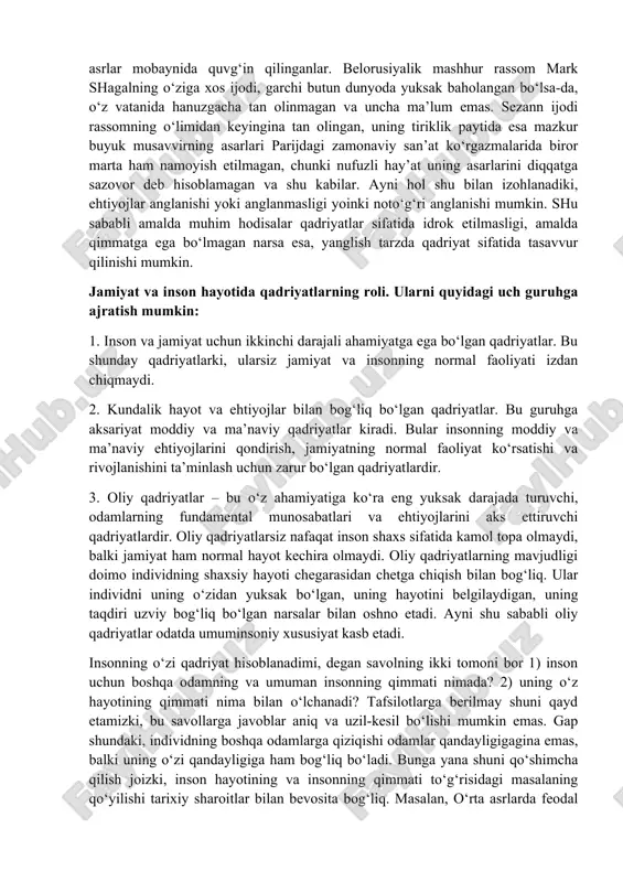 chinchidan, qadriyat amaliy munosabat mahsuli sifatida ob’ektiv hisoblanadi. baholash esa, sub’ektivdir. u ob’ektiv qadriyatning sifatigagina emas, balki baholovchi sub’ektning ijtimoiy va individual fazilatlariga ham bog‘liqdir. ayni shu sababli, ayni bir hodisa ayni bir davrda yashayotgan odamlar tomonidan turlicha baholanishi mumkin. ehtiyojlar va qadriyatlar. insonga nima muhim? muhimliklar dunyosi qadriyatlar dunyosi bilan ayniymi? inson faoliyatining birinchi manbai va harakatlantiruvchi kuchi ehtiyojlardir. inson ehtiyojlari uning hayotini,xususan jismoniy, aqliy, ma’naviy, ishlab chiqarishga doir, oilaviy hayotni saqlash yoki o‘zgartirish zaruriyatining ifodasi sifatida vujudga keladi. ijobiy yoki salbiy aloqalar va munosabatlarning butun rang-barangligi tegishli ehtiyojlarni u yoki bu tarzda vujudga keltiradi. inson bu ehtiyojlarni anglashi yoki anglamasligi yoinki noto‘g‘ri anglashi mumkin. ammo, har qanday sharoitda ehtiyojlar insonni faoliyatga da’vat etadi. bu faoliyat samarali yoki samarasiz, puxta o‘ylangan yoki spontan va tartibsiz bo‘lishi mumkin. ehtiyojlar tashqi muhit predmetlari va sharoitlariga yoki ichki, ma’naviy uyg‘unlikka erishishga muhtojlik sifatida anglanadi. ular tashqi dunyo bilan muayyan munosabatlarda namoyon bo‘lib, …