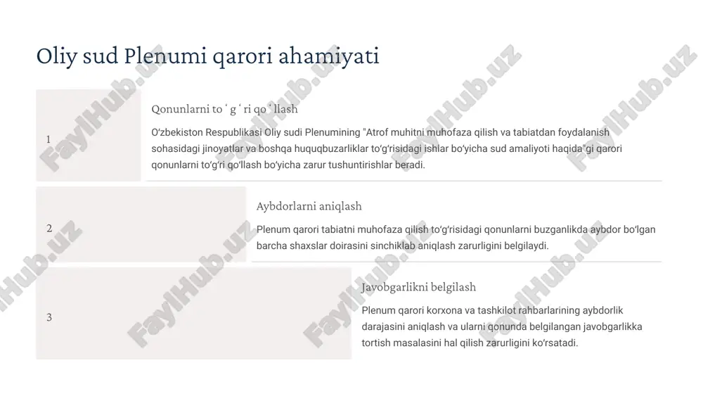kilotning hisobiga oʻtkazishni koʻrsatishi zarur. 3 qiymatini undirish qonunga xilof ravishda qoʻlga kiritilgan mahsulotni olib qoʻyish imkoniyati boʻlmasa, sud mahkumdan uning belgilangan narxlarda hisoblangan qiymatini undirish toʻgʻrisidagi masalani hal qilishi lozim. 10 jinoyat qurollarini musodara qilish ov qurollari hayvonot yoki oʻsimlik dunyosidan foydalanish tartibini buzish haqidagi jinoyat ishlari boʻyicha sudlanuvchiga tegishli jinoyat qurollari, shu jumladan, ov qurollari, qopqonlar va boshqa vositalar musodara qilinishi lozim. transport vositalari avtomashina, mototsikl va qayiqlar, agar jinoiy harakat ular yordamida amalga oshirilsa yoki sodir etilishi osonlashtirilsa, oʻzbekiston respublikasi jinoyat-protsessual kodeksining 211-moddasiga muvofiq musodara qilinishi lozim. baliq ovlash vositalari gʻayriqonuniy baliq ovlash uchun ishlatiladigan toʻrlar, qarmoklar va boshqa vositalar ham jinoyat qurollari sifatida musodara qilinadi. maʼmuriy huquqbuzarlik harakatini sodir etish quroli va ashyolarini musodara qilish masalasi maʼmuriy huquqbuzarlik toʻgʻrisidagi kodeksning tegishli moddalariga muvofiq hal qilinishi kerak. 11 jazo tayinlash va oldini olish choralari sudlar tabiatni muhofaza qilish toʻgʻrisidagi qonunlarni buzish bilan bogʻliq jinoyatlarni sodir etgan shaxslarga …