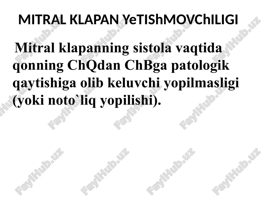 pka stvoli deyarli bo`rtmagan. surunkali mitral yetishmovchilikda ko`krak qafasi rentgenogrammasi (o`ng qiyshiq holat) yurak soyasi kattalashgan kontrastlangan qizilo`ngach katta radius ravog`i bo`ylab orqaga egilgan, o`ng qorincha o`pka konusi biroz bo`rtgan. differensial diagnoz mitral klapan prolapsi mitral klapan stenozi tireotoksikoz asoratlari: qon tupurish va yurak astmasi nisbatan kam kuzatiladi xilpillovchi aritmiya tromboembolik asoratlar va yuqori o’pka gipertenziyasi nisbatan kam kuzatiladi davolash yuqsni me'yorlash uchun – yurak glikozidlari, betta adrenoblokatorlar, amiodaron, diltiazem, verapamil tromboembolik asoratlar profilaktikasi – antikoagulyantlar yue –glikozidlari, apf-ingibitorlari, diuretiklar xirurgik davo – mk rekonstruksiyasi va uni protezlash oqibati operativ davosiz 5 yil umr ko’rish 25-40% tashkil qiladi, mkni protezlangandan keyin - 60-80%ni tashkil qiladi mitral teshik stenozi chap bo`lmacha-qorincha teshigining chap bo`lmacha va qorincha orasidagi diastolik bosim gradienti oshishiga olib keluvchi torayishi epidemiologiya yurakning barcha revmatik nuqsonlari ichida aloxida mitral stenoz 40%ni tashkil qiladi. ko`pincha ayollarda aniqlanadi (4:1) etiologiya revmatik isitma infeksion endokardit ateroskleroz tqb, ra patogenez. mitral stenozda …