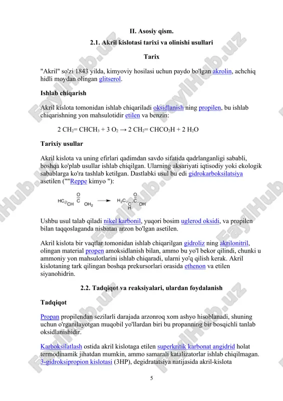 lerian kislota — valeriana o‘simligining ildizidan olingan. sistematik nomenklaturaga ko‘ra kislotalarning nomi tegish-li uglevodorod nomiga kislota so‘zini qo‘shish bilan hosil qili-nadi: h cooh ch3 cooh metan kislota etan kislota ch3 ch2 cooh ch3 ch cooh ¦ propan kislota ch3 2- metilpropan kislota to‘yingan karbon kislotalarda aldegidlardagi singari izome-riyaning ikki turi: uglerod skeletining va karboksil gruppaning zanjirda turlicha joylanishidan kelib chiqadigan izomeriyasi mavjud: ch3 ch2 ch2 ch2 cooh ch3 ch2 ch cooh pentan kislota ¦ ch3 2- metilbutan kislota 1 0 3 ch3 ¦ ch3 ch ch2 cooh ch 3 – c – cooh ¦ ¦ ch3 ch3 3- metilbutan kislota 2,2- dimetilpropan kislota olinish usullari. 1. birlamchi spirtlar oksidlanganda dastlab aldegid, so‘ngra kislota hosil bo‘ladi. bunda uglerod atomlarining soni o‘zgarmaydi: +(o) o +(o) o r ch 2 ohr c h r – c oh -h2 o 2. gemigaloidli uglevodorodlar, orto-efirlar, amidlar, kis-lota angidridlari va xlorangidridlari gidrolizlanishidan hosil bo‘ladi. r –ccl …