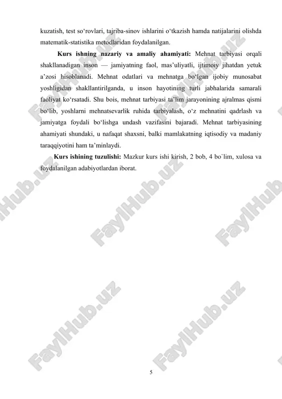 n hissa sifatida ahamiyatini tushunishga yordam beradi. mehnat tarbiyasining ijtimoiy ahamiyati katta. bu jarayon o‘quvchilarda jamiyat oldidagi mas’uliyatni, umumiy mehnatga bo‘lgan ehtiyojni anglashni shakllantiradi. mehnat orqali o‘quvchilar jamiyatda o‘z o‘rnini topa olishadi, ijtimoiy manfaatlar va boshqalar bilan hamkorlikda ishlashni o‘rganadilar. o‘quvchilarni mehnatga jalb qilish, ularni mas’uliyatli va faol fuqarolar sifatida tarbiyalashga yordam beradi. shu bilan birga, mehnat jamiyatdagi tenglik va barqarorlikni ta’minlashda muhim omil bo‘lib xizmat qiladi. mehnat tarbiyasining yana bir muhim jihati – kasbiy tayyorgarlikdir. o‘quvchilarga mehnat jarayonida faqat ishni bajarish, balki o‘z kasbini sevish, unga ijodiy yondashish va uning turli jihatlarini tushunish o‘rgatiladi. kasbiy tayyorgarlik orqali o‘quvchilarda ma’lum bir kasbga qiziqish uyg‘otiladi, ular kelajakda o‘zlariga mos kasbni tanlashda yordam oladilar. mehnat tarbiyasi, o‘z navbatida, mehnat bozori talablariga mos ravishda malakali kadrlarni tayyorlashga xizmat qiladi. mehnat tarbiyasi o‘quvchilarga mehnatning iqtisodiy ahamiyatini tushuntirishda muhim rol o‘ynaydi. mehnat nafaqat hayotiy ehtiyojlarni qondirish, balki ijtimoiy farovonlikni ta’minlashda ham asosiy omil hisoblanadi. o‘quvchilarni …