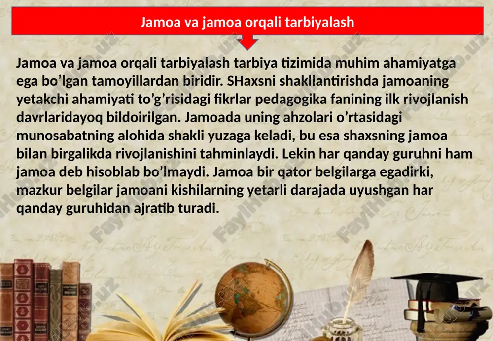 shmasi, o’z-o’zini nazorat qilish va boshqarish jarayonini tash­kil etuvchi mustaqil tizim, shuningdek, o’zining psixologik muhitiga, anhanalariga ega guruh hisoblanadi. demak, yuksak darajada o’stirilgan jamoa o’zida bir necha xususiyat belgilarini namoyon etadi. ular quyidagilardir jamoaning o’ziga xos xususiyatlari ijtimoiy ahamiyatga ega yagona maqsadning mavjudligi birgalikdagi umumiy faoliyatning tashkil etilishi majburiy mashuliyatli munosabatning yo’lga qo’yilishi saylangan umumiy rahbariy organga egalik jamoani tashkil etishning o’ziga xos xususiyatlari. 2. o’quvchilar jamoasining rivojlanish darajasi va bosqichlari. xi asrdayoq abu ali ibn sino o’zining «tadbiri manzil» nomli ilmiy asarining maxsus «amuzish va parvarishi modrasas farzand» («bolalarni maktabda o’qitish va tarbiyalash») bo’limida o’quvchilarga jamoali o’qitish haqida quyidagi tavsiyalarni beradi: agarda o’quvchilar birgalikda o’qisalar, ular zerikmaydilar, fanni o’rganishga qiziqish kuchayadi; ularda bir-birlaridan ortda qolmaslik uchun o’zaro musobaqalashish istagi rivojlanadi, ular bolaning o’qishi yaxshilanishiga yordam beradi; o’zaro suhbatlarda o’quvchilar kitobdan o’qish yoki kattalardan eshitgan qiziqarli ma`lumotlarni bir-birlariga aytib beradilar; bolalar birgalikda, yig`ilganlarida bir-birilari bilan do’stlashadilar va bir-birlarini hurmat qiladilar; …