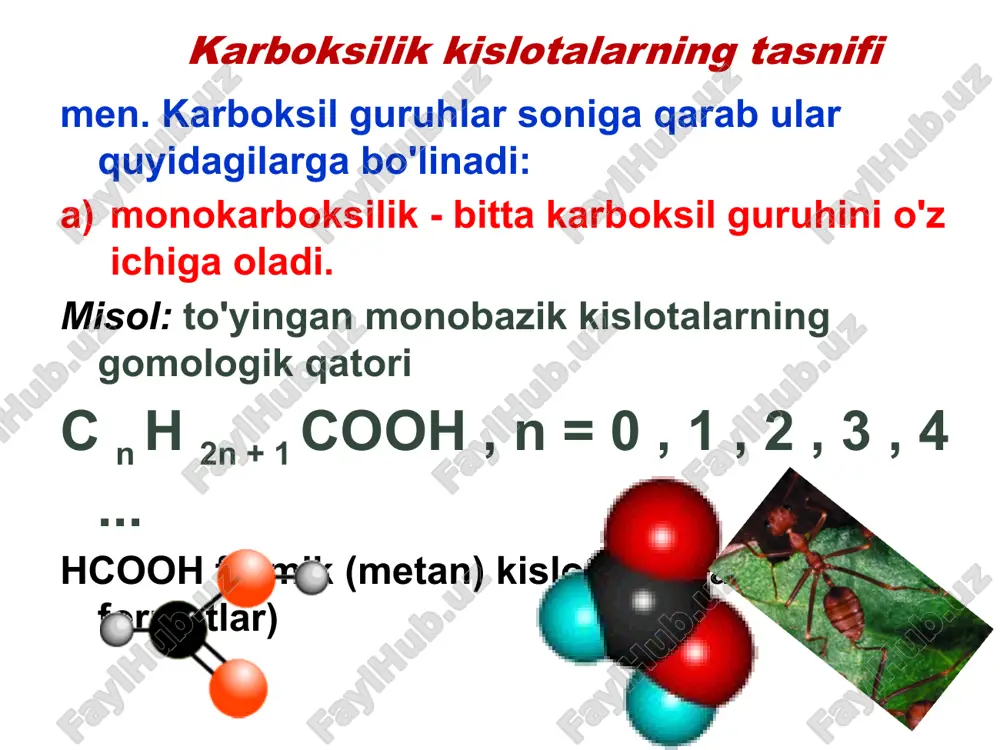 uglerod ustida ch 2 ga kamayishi dekarboksillanish a-h reaksiyalari kimyoviy xossalari men. dissotsilanish reaktsiyalari (" oh " kislota markazida): p - p konjugatsiyasi tufayli atsilat ionidagi manfiy zaryad ikkita kislorod atomi o'rtasida delokalizatsiya qilinadi: kimyoviy xossalari k = 2,14·10 -4 k = 1,75·10 -5 kimyoviy xossalari kimyoviy xossalari ii . tuzlarning hosil bo'lishi: a) faol metallar bilan: 2 ch 3 cooh + mg → (ch 3 coo) 2 mg + h 2 b) asosiy oksidlar bilan: 2 ch 3 cooh + cao → (ch 3 coo) 2 ca + h 2 o c) ishqorlar bilan (neytrallanish reaksiyasi): ch 3 cooh + naoh → ch 3 coona + h 2 o d) kuchsiz kislotalar tuzlari bilan: ch 3 cooh + nahco 3 → ch 3 coona + co 2 ↑+ h 2 o 2 ch 3 cooh + na 2 co 3 → 2 ch 3 coona + co 2 ↑+ …
