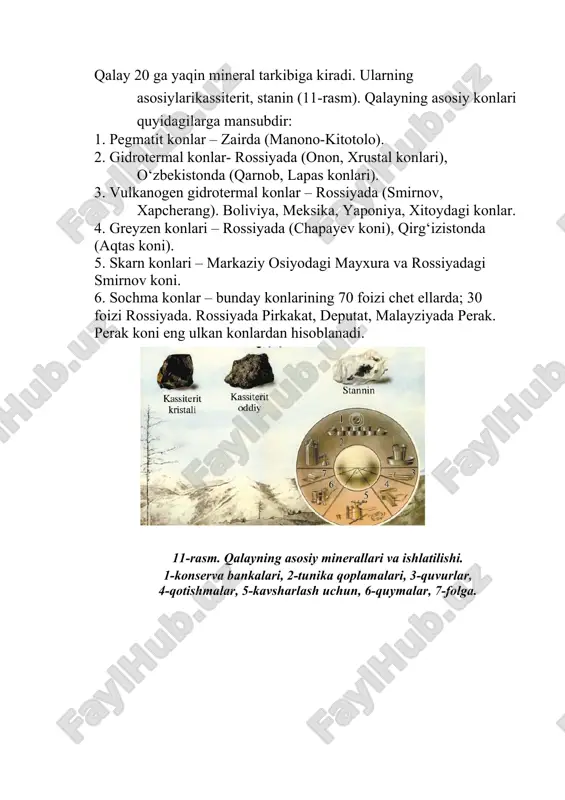 irasi 2005 yil ma’lumoti bo‘yicha 38 mln t, shu jumladan, 14 mln t xitoyda to‘plangan. bir yilda dunyo bo‘yicha 42,5 ming t vanadiy ma’dani qazib olinadi. vanadiy ma’danlarining sanoat turidagi to‘plamlari quyidagi konlar bilan bog‘liq: 1. magmatik konlar – rossiyadagi kusin koni. 2. infiltratsion konlar aqshdagi kolorado rayonining konlari, o‘zbekistondagi uchquduq konlari. vismut konlari vismut-pushtisimon oq rangdagi juda mo‘rt metalldir. normal haroratda oksidlanmaydi. vismut asosan erish harorati 100°с dan past bo‘lgan qotishmalar tayyorlash uchun ishlatiladi. bunday qotishmalar pb, sn bilan bo‘lishi mumkin. vismutning birikmalari optik shishalar tayyorlashda, kimyo va chinni sanoatida hamda tibbiyotda ishlatiladi. vismutning klarki 0,0000007, qaynash harorati 890°с, solishtirma og‘irligi 9,84. vismutning dunyo bo‘yicha tabiiy zaxirasi 2005yil ma’lumoti bo‘yicha 680 ming t; shu jumladan 240 ming t xitoyda to‘plangan. bir yilda dunyo bo‘yicha 5200 t vismut ma’dani qazib olinadi. shundan 2500 t.ni xitoy ishlab chiqaradi.vismutning asosiy minerallari-vismutin va sof vismut. bismut ma’danlarining sanoat turidagi to‘plamlari asosan gidrotermal jarayon …